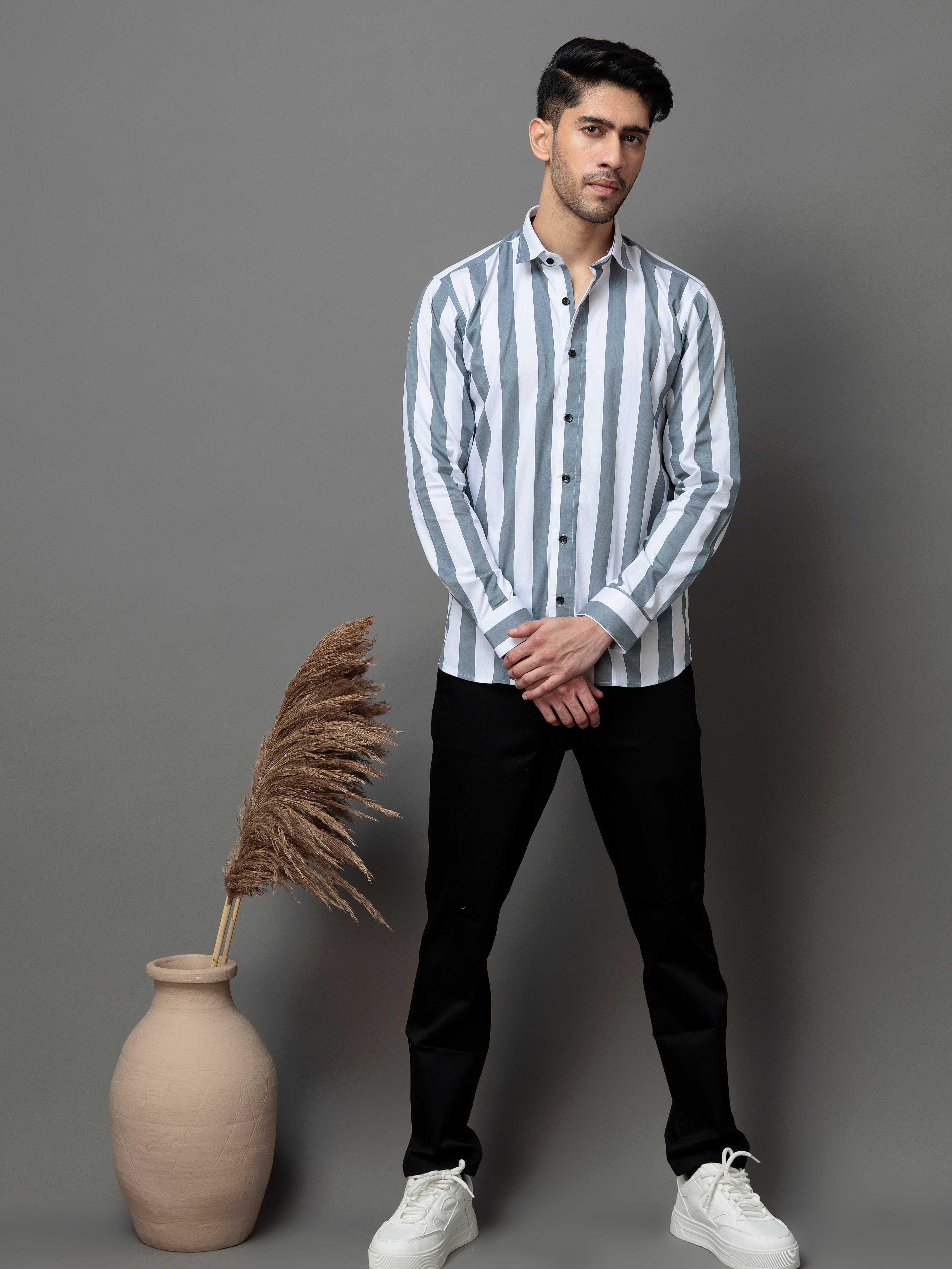 GREY STRIPED COTTON CASUAL SHIRT FOR MEN'S - Image 5