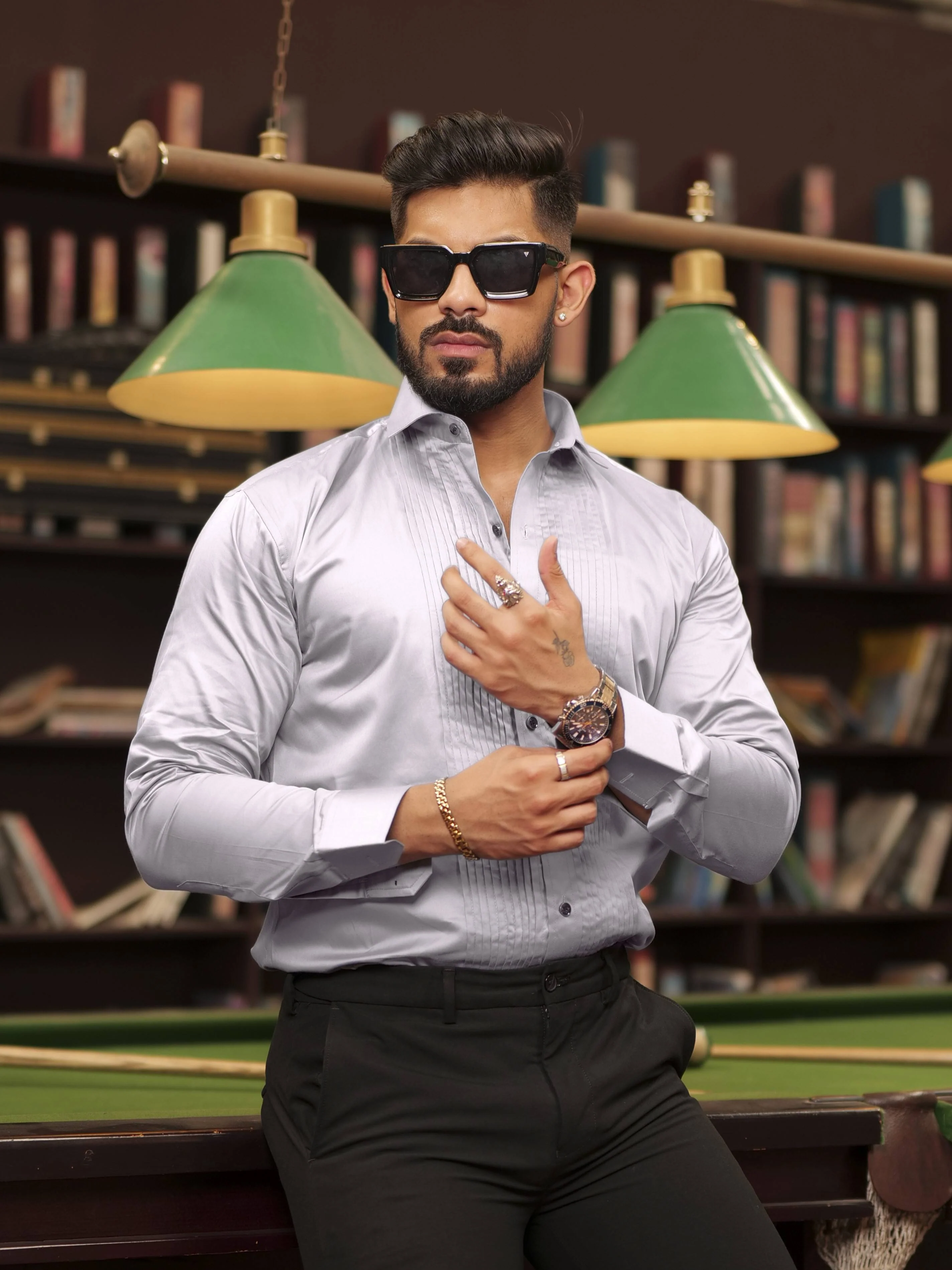 Grey Subtle Sheen Tuxedo Premium Giza Satin Cotton Shirt - Image 3
