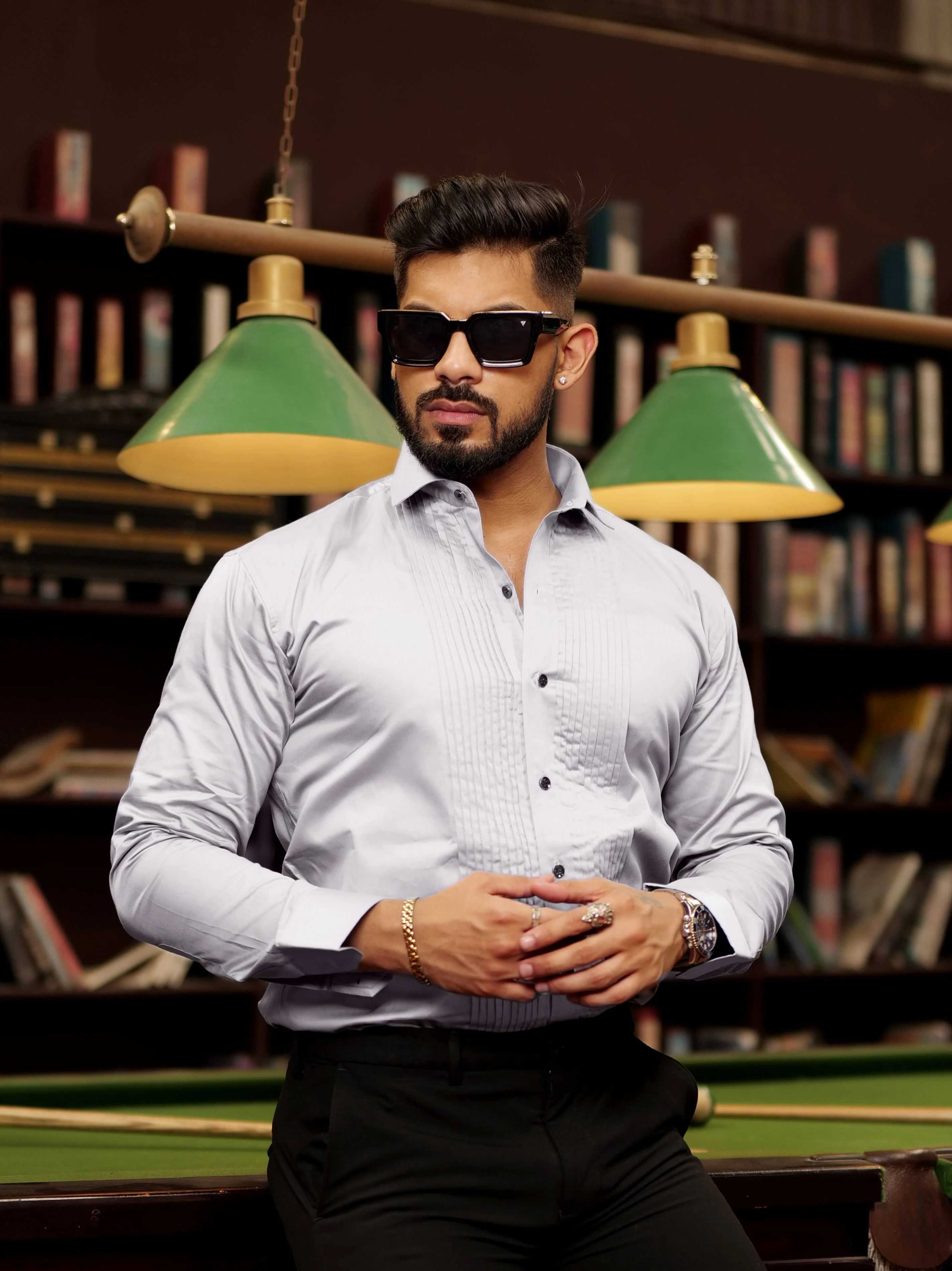 Grey Subtle Sheen Tuxedo Premium Giza Satin Cotton Shirt - Image 4