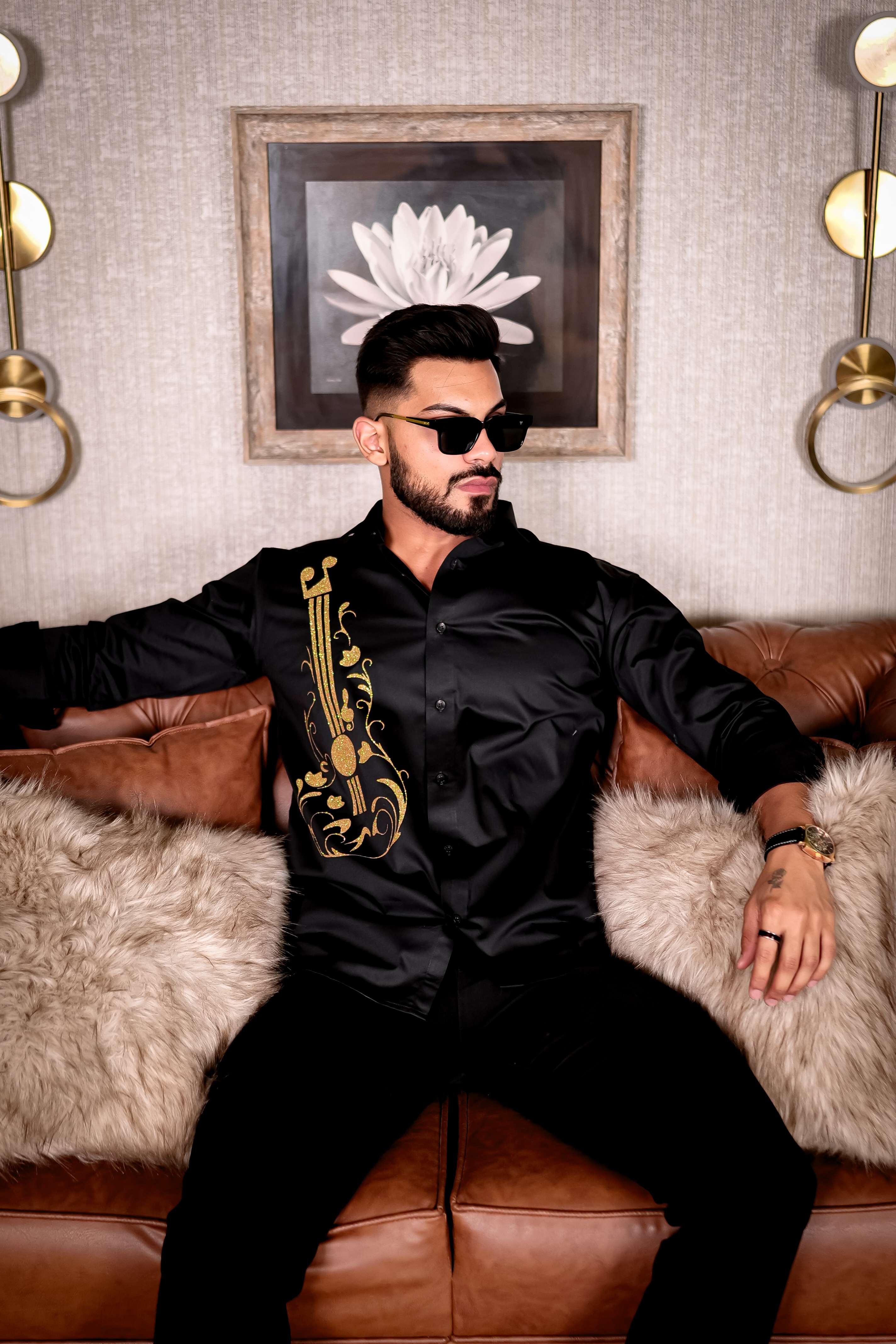 Guitar Black Club Wear Printed Satin Cotton Shirt - Image 10