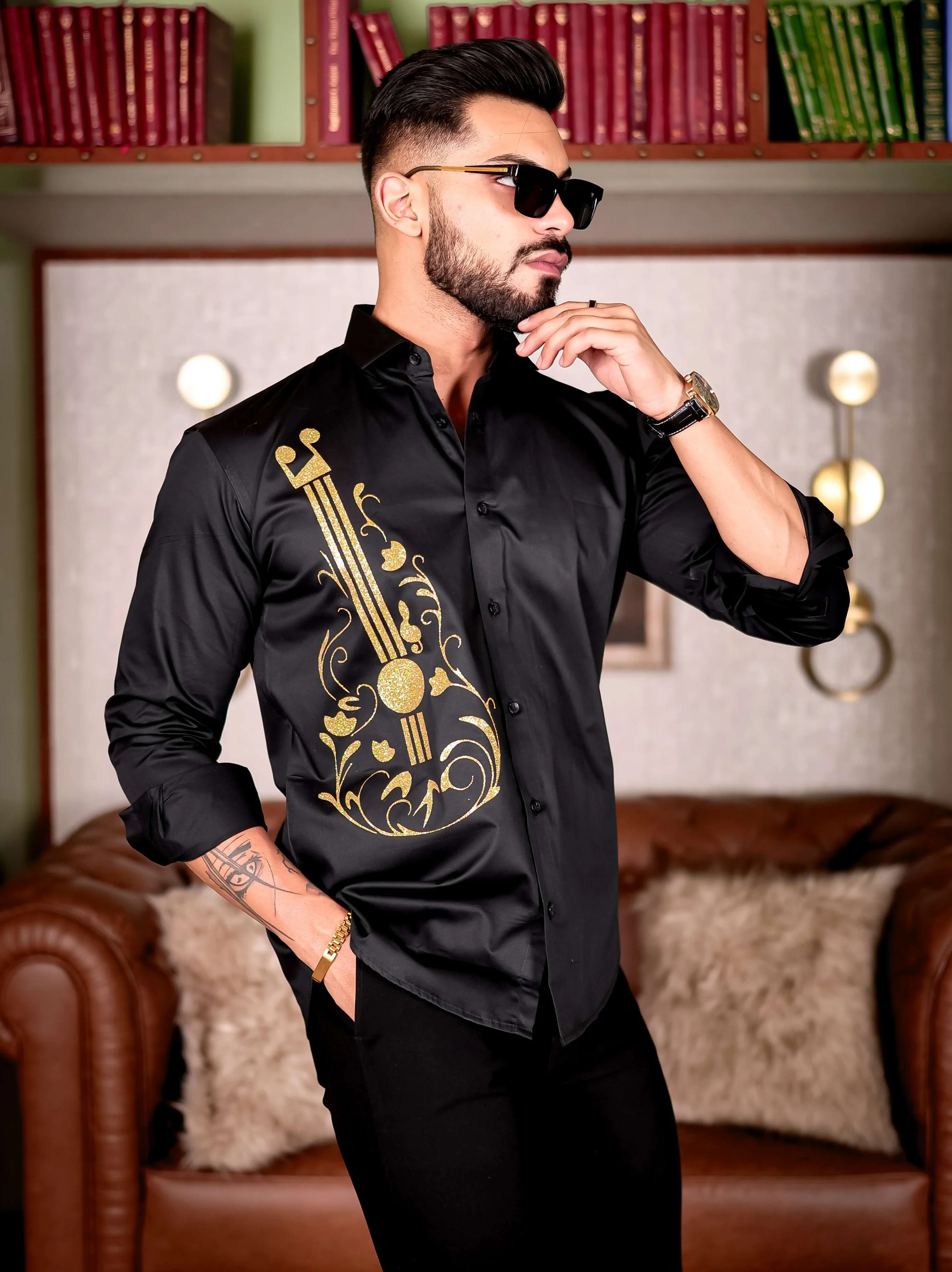 Guitar Black Club Wear Printed Satin Cotton Shirt - Image 3