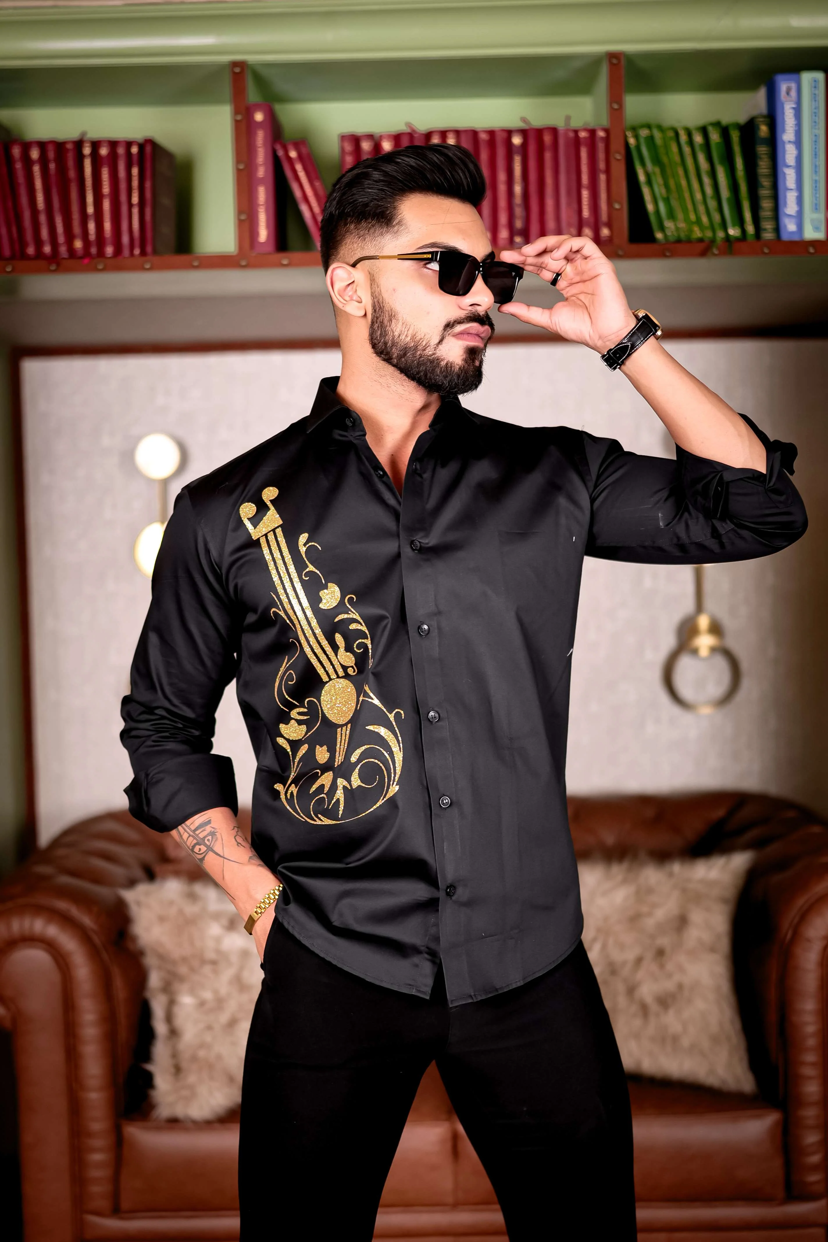 Guitar Black Club Wear Printed Satin Cotton Shirt - Image 8
