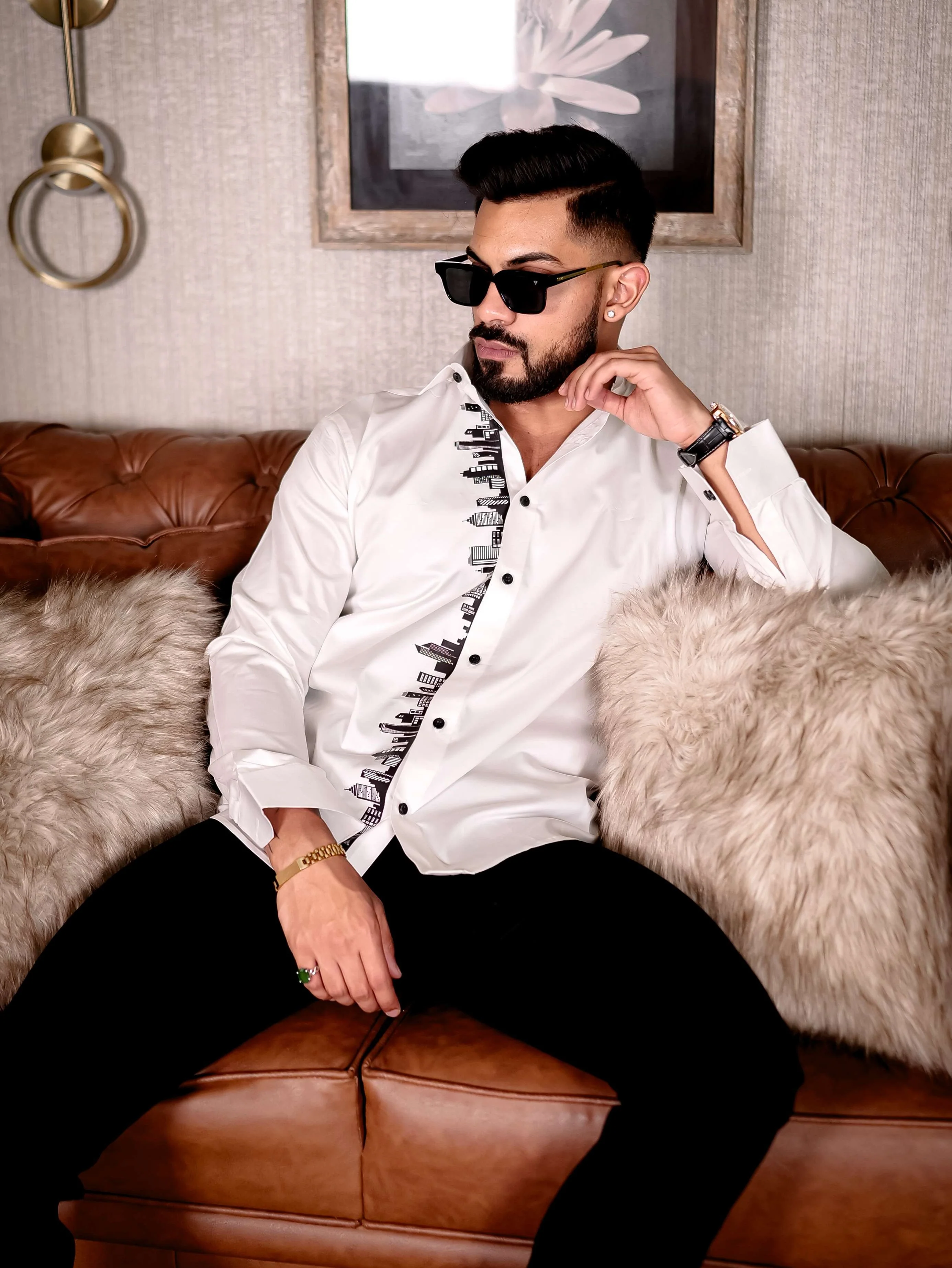 HipHop Street White Club Wear Printed Satin Cotton Shirt - Image 3