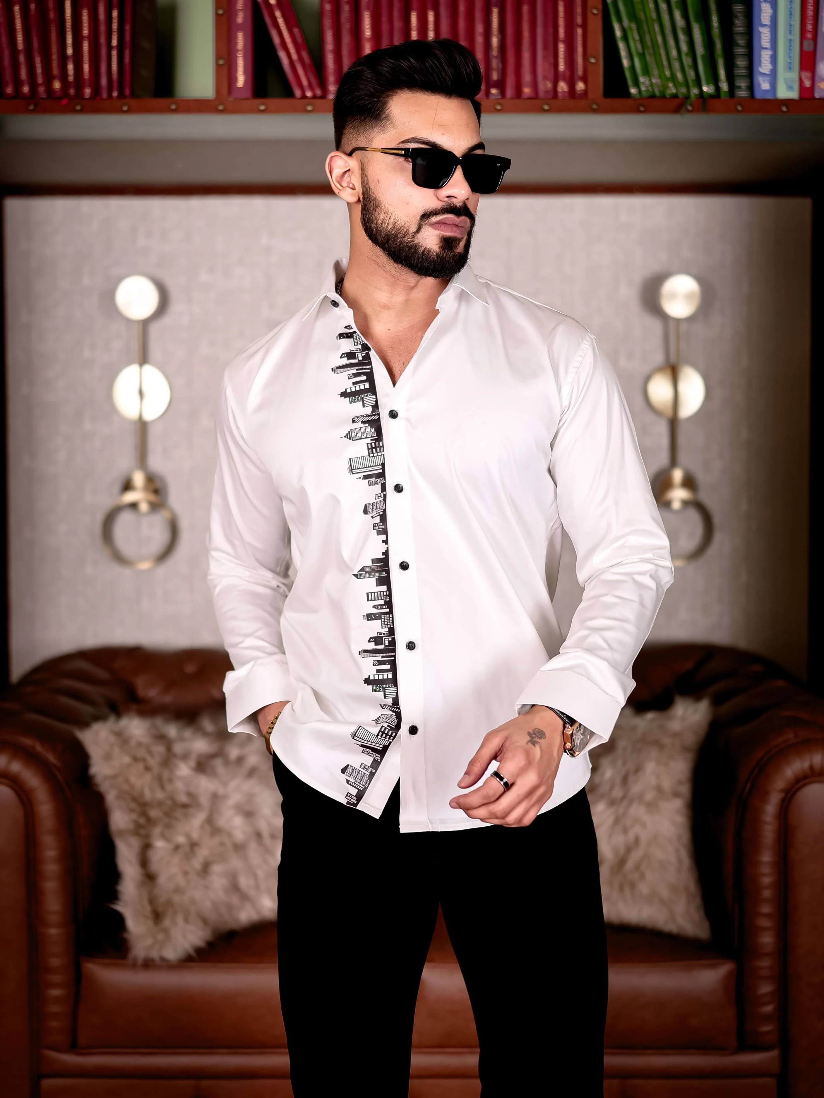 HipHop Street White Club Wear Printed Satin Cotton Shirt - Image 4