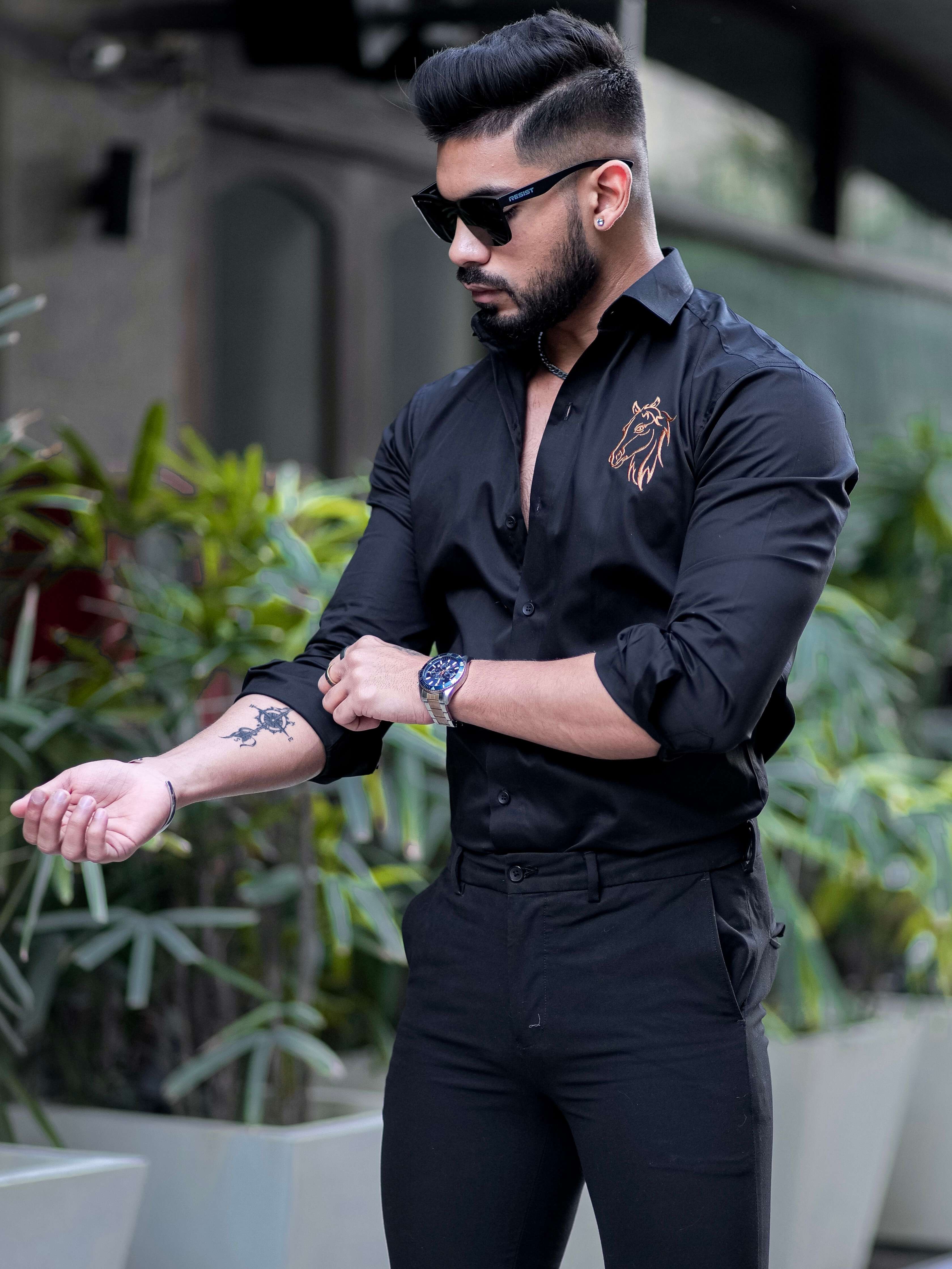 Horse Embroidered Black Luxury Cotton Shirt For Men - Image 6