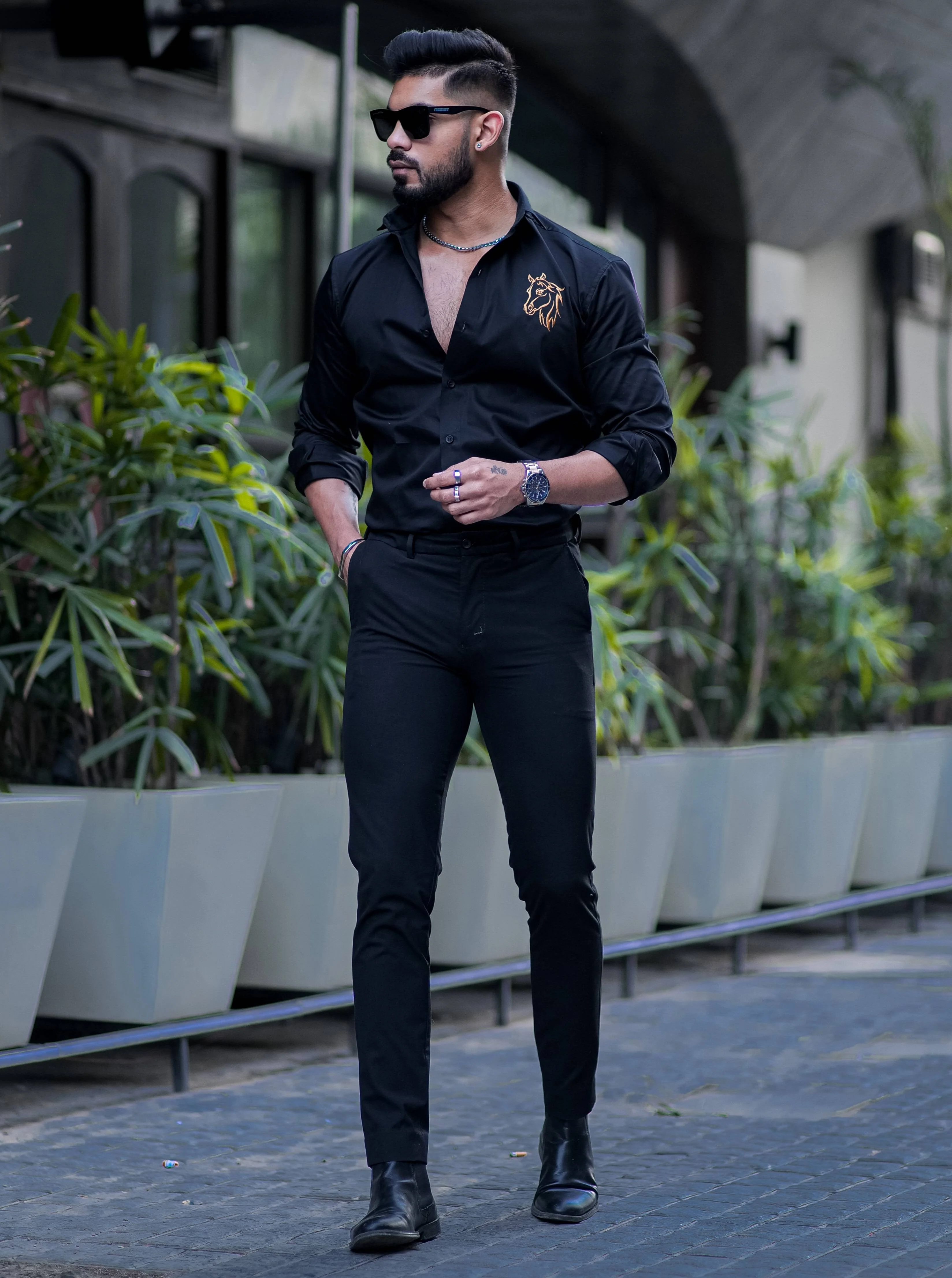 Horse Embroidered Black Luxury Cotton Shirt For Men - Image 7