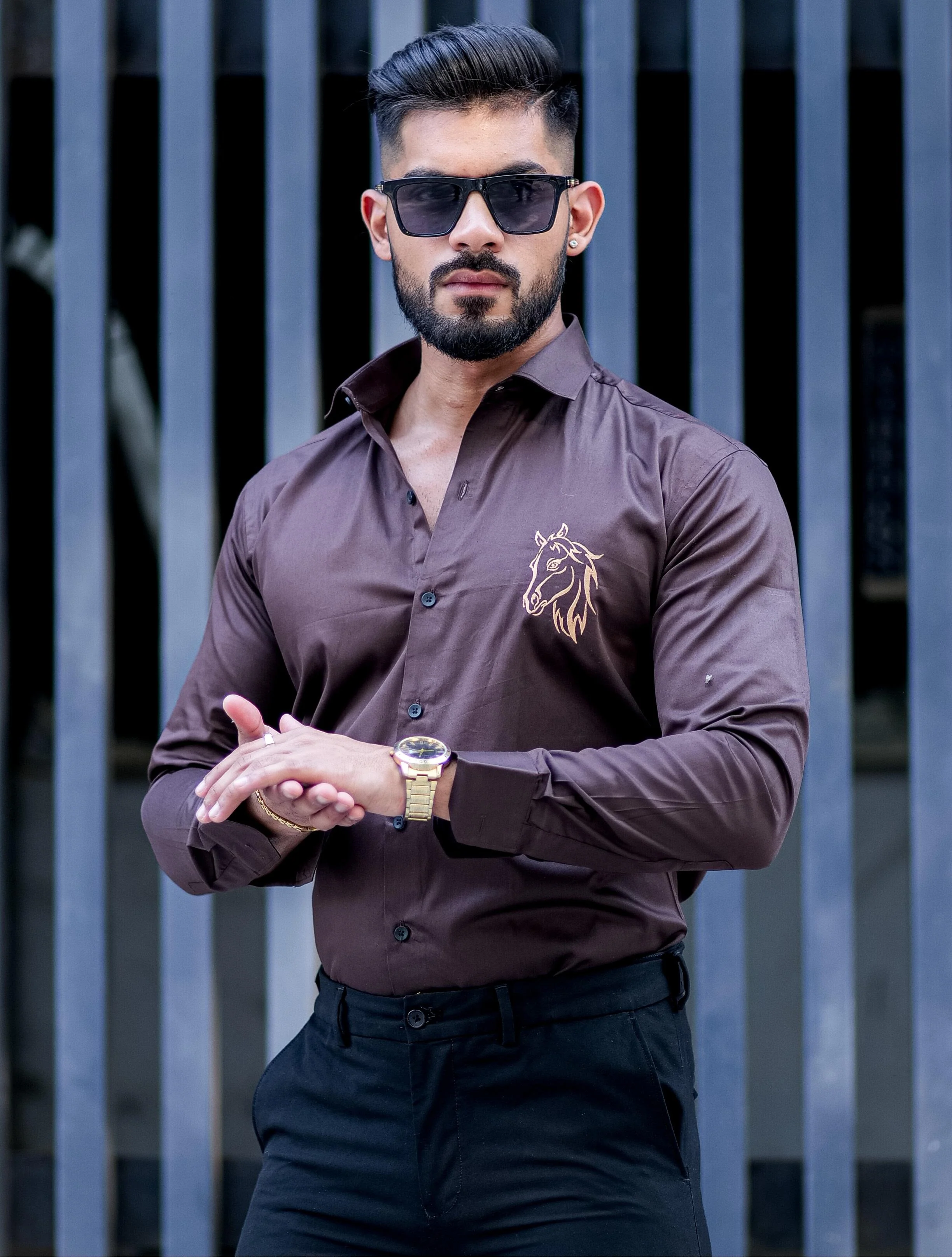 Horse Embroidered Brown Premium Cotton Shirt For Men - Image 6