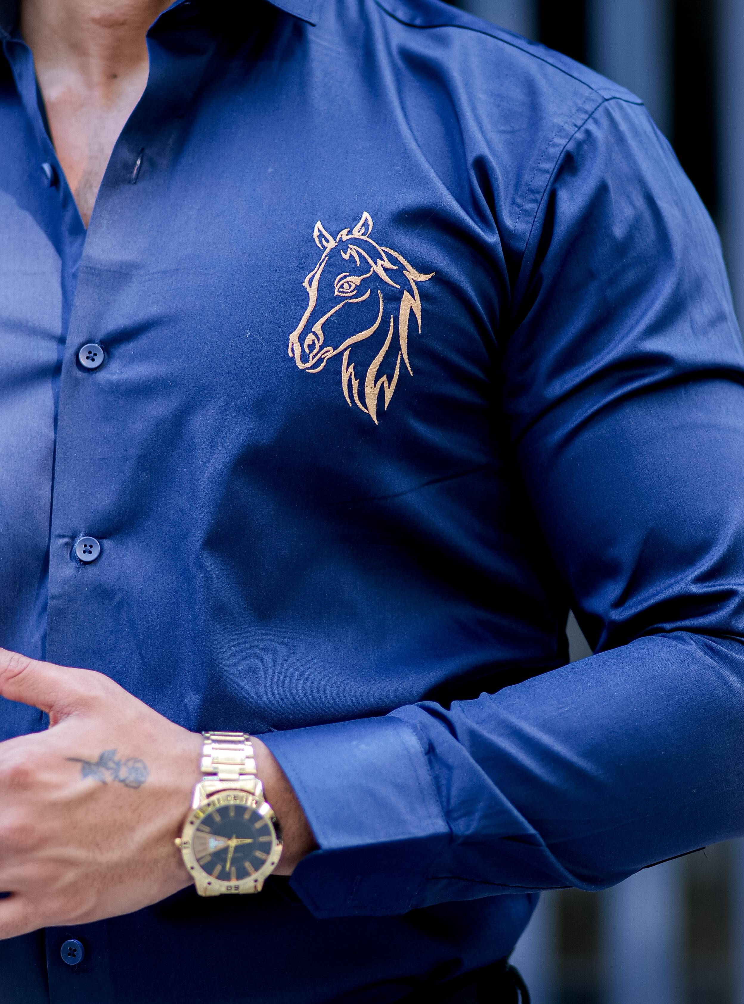 Horse Embroidered Navy Blue Premium Cotton Shirt - Image 2
