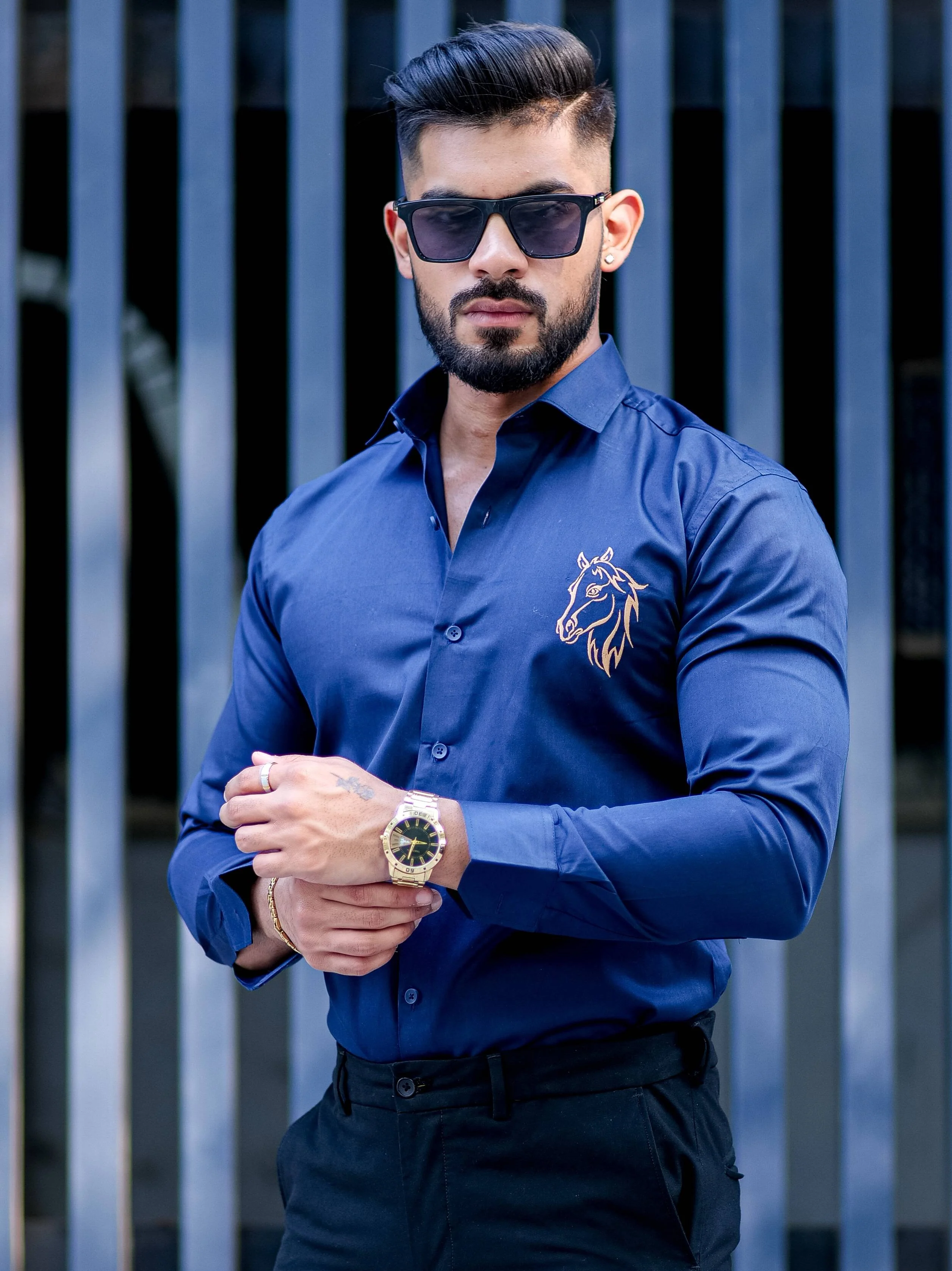Horse Embroidered Navy Blue Premium Cotton Shirt - Image 3