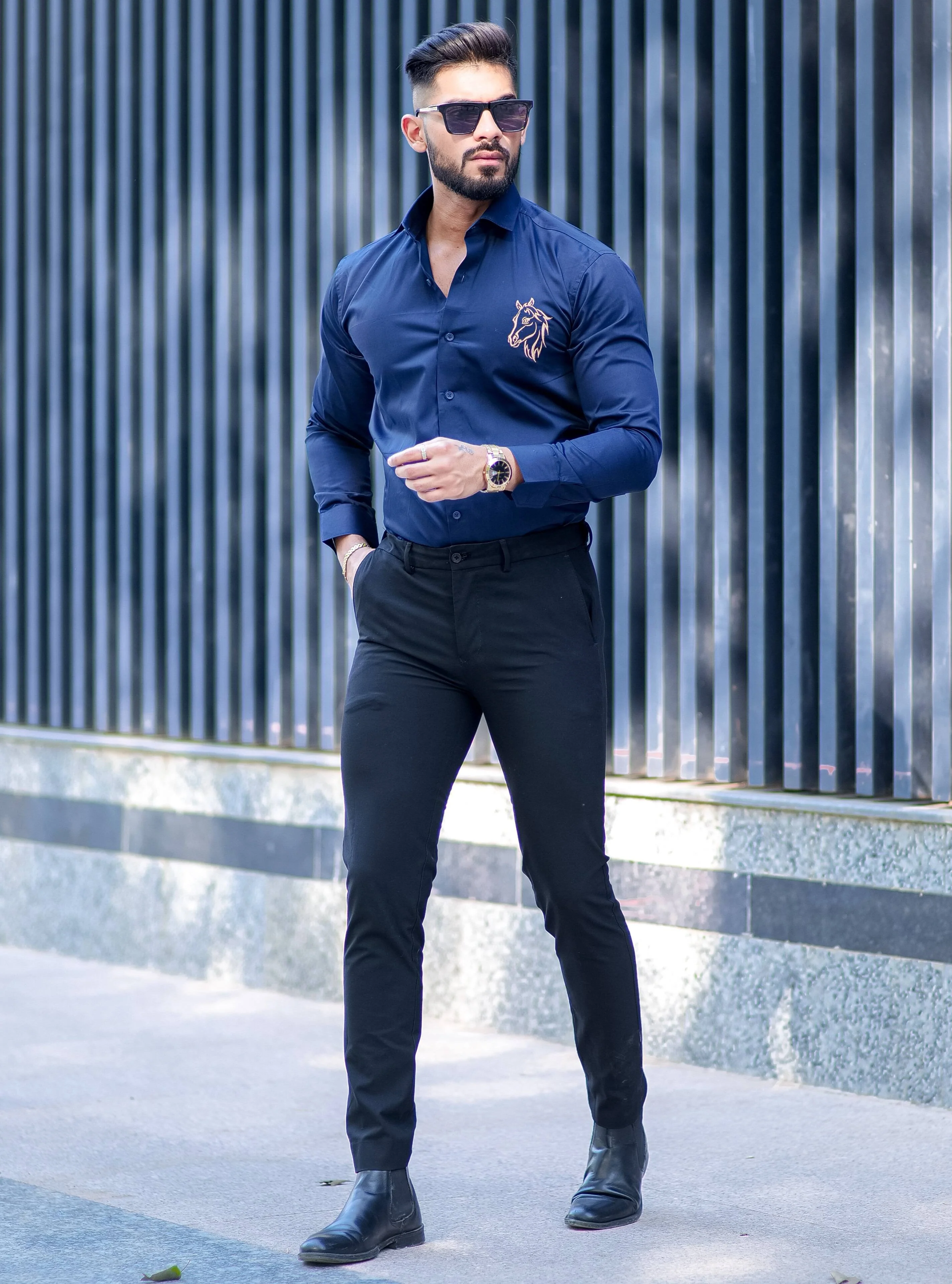 Horse Embroidered Navy Blue Premium Cotton Shirt - Image 4