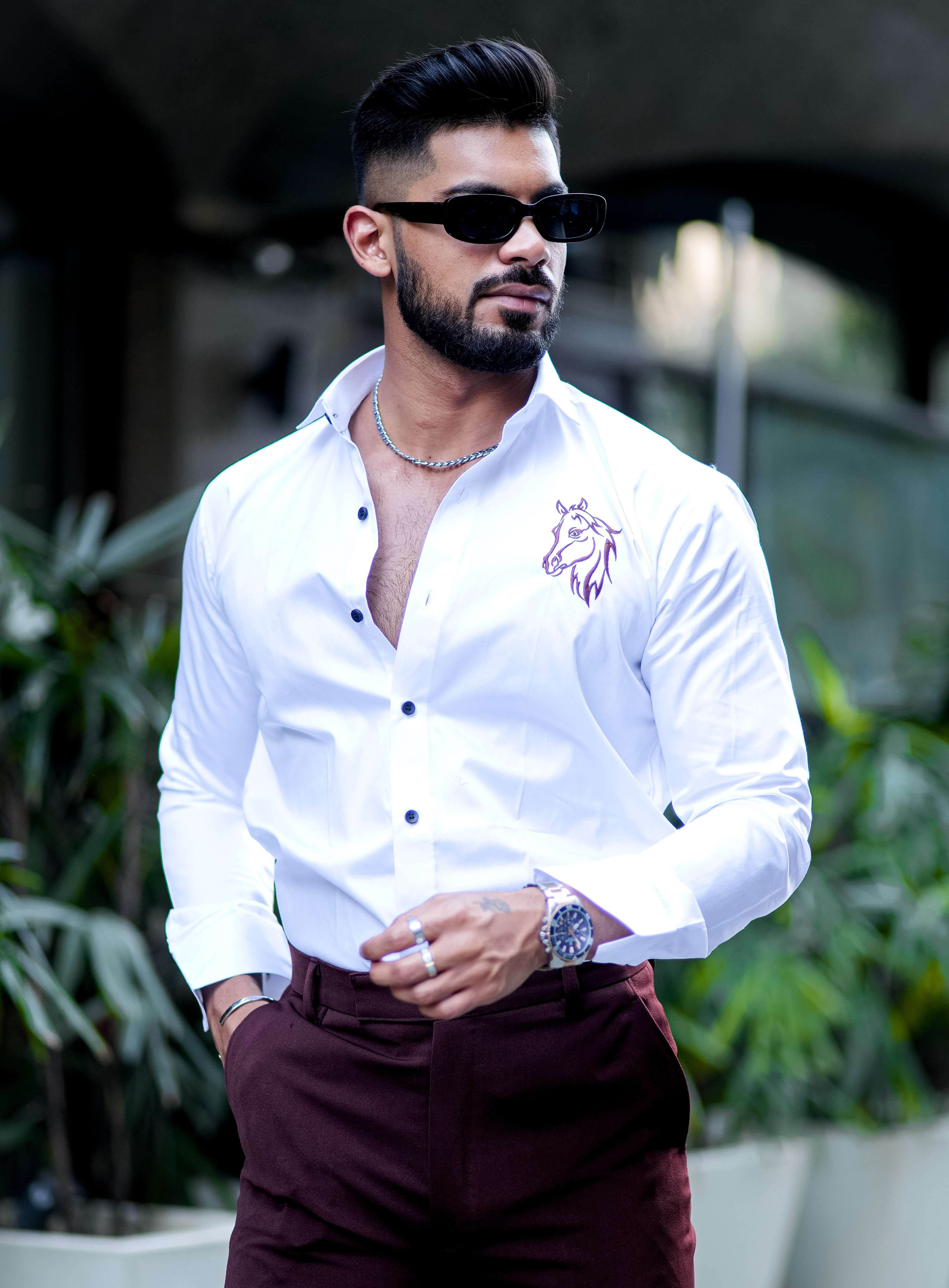 Horse Embroidered White Luxury Cotton Shirt - Image 3