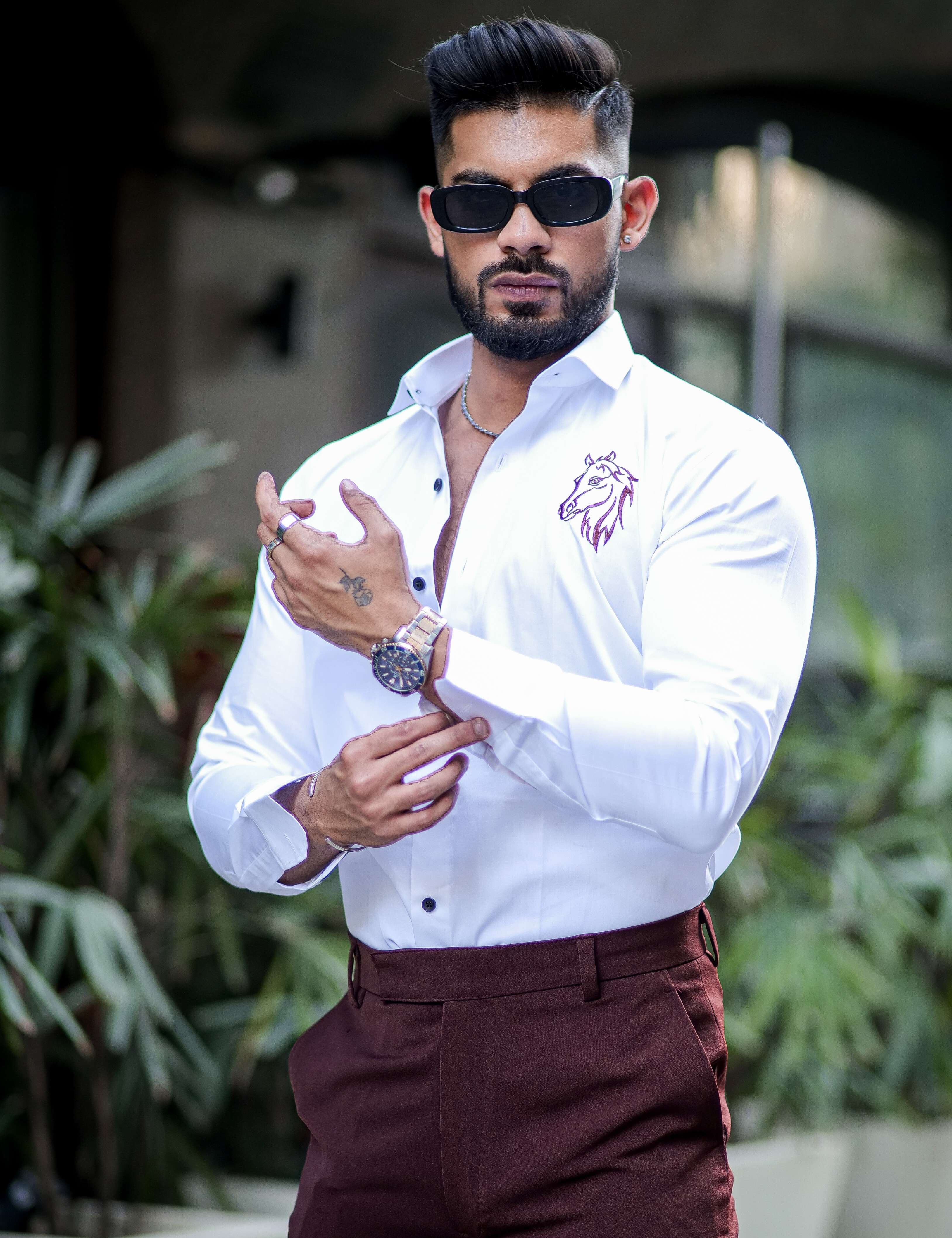 Horse Embroidered White Luxury Cotton Shirt - Image 5