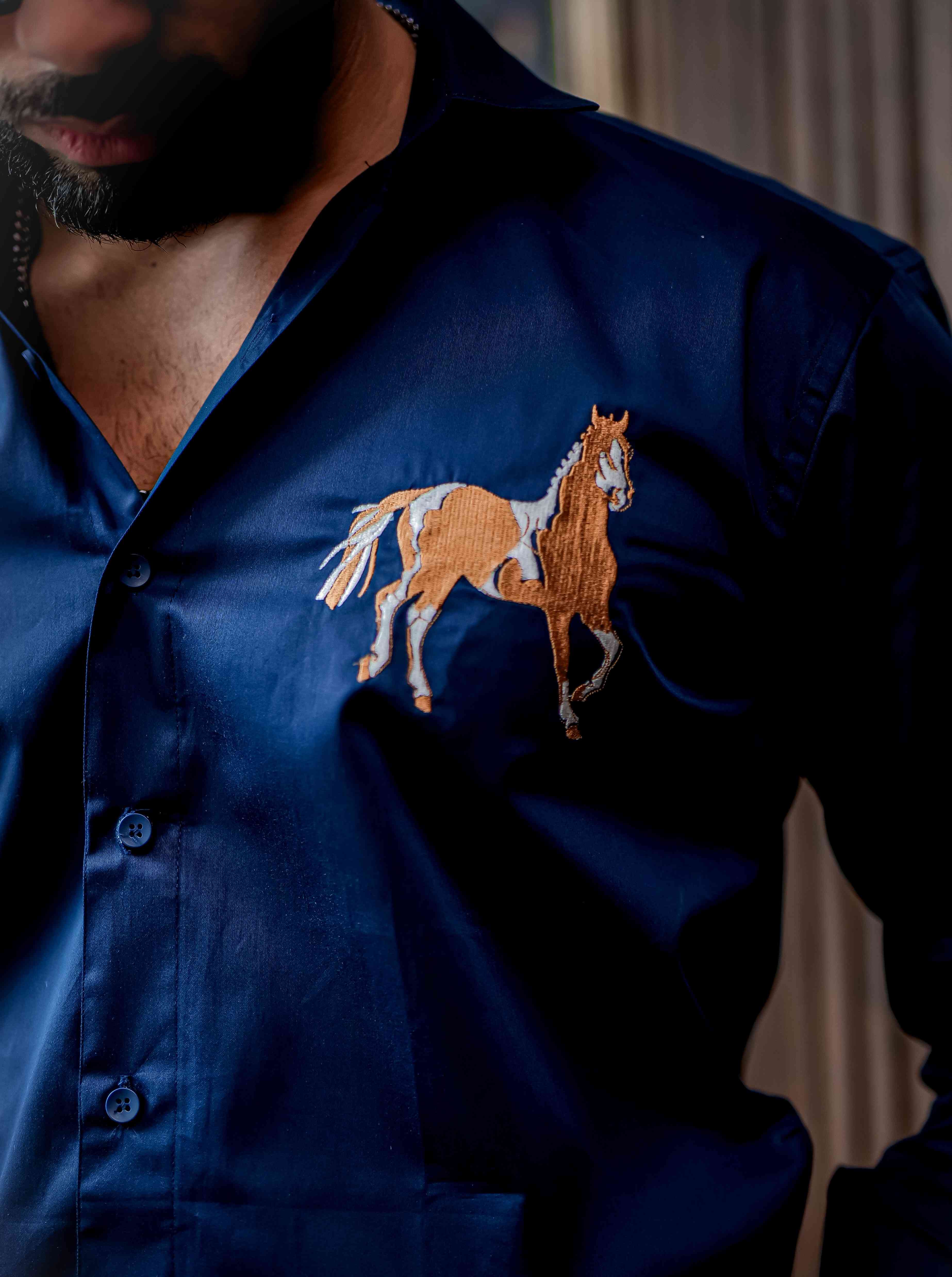 Horse Golden Embroidered Blue Premium Shirt For Men - Image 2