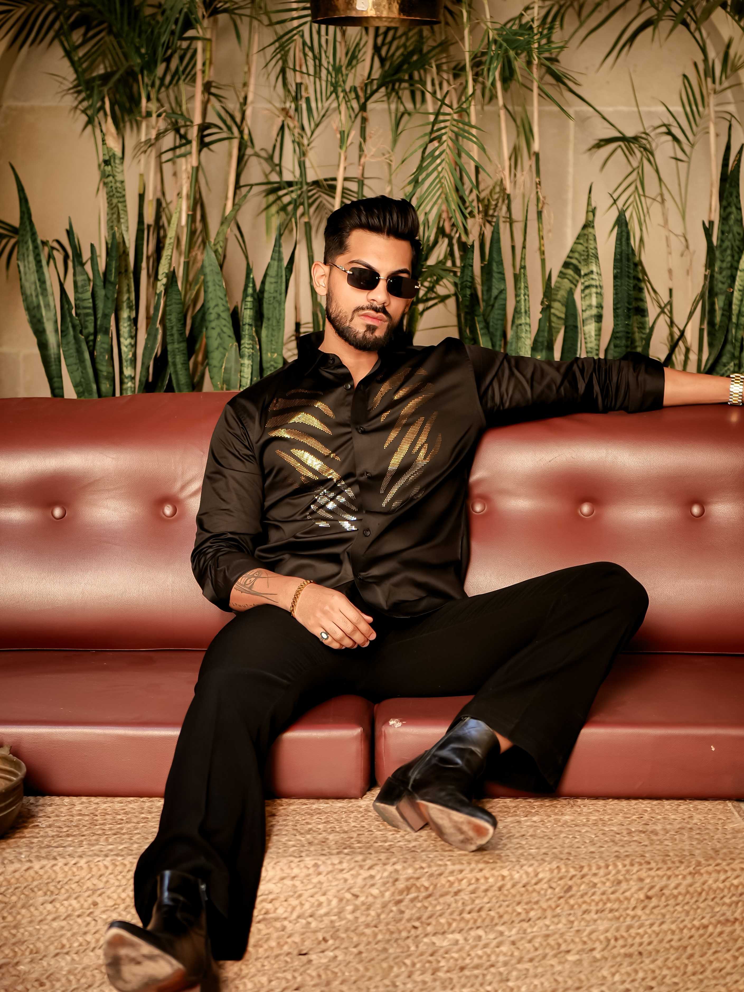 Hot Black Sequence Club Wear Satin Cotton Party Shirt - Image 11