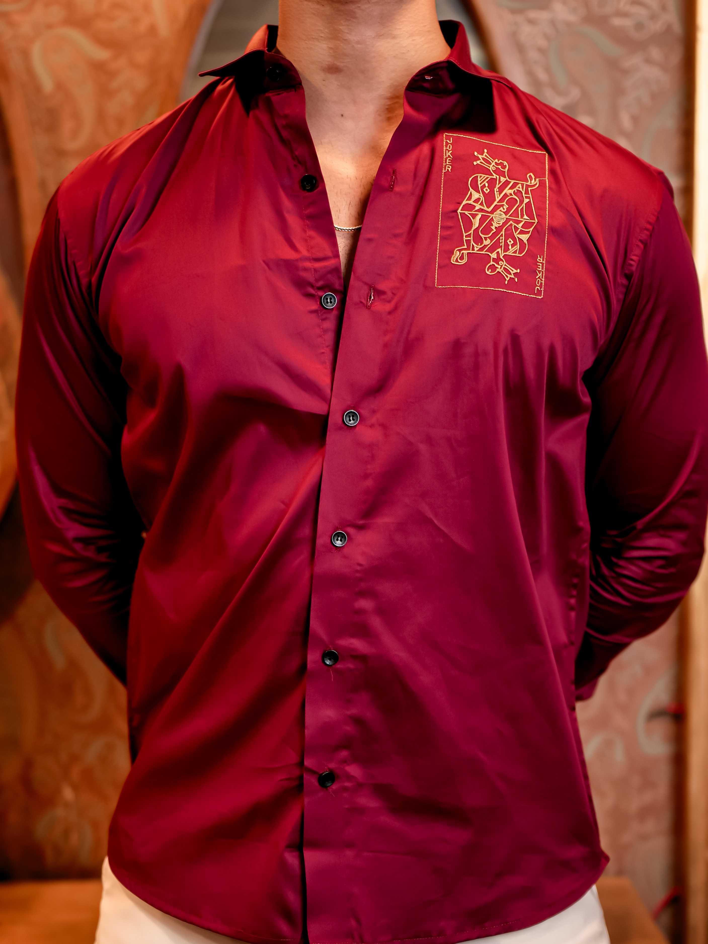 Joker Maroon Embroidered Club Wear Satin Cotton Shirt - Image 5