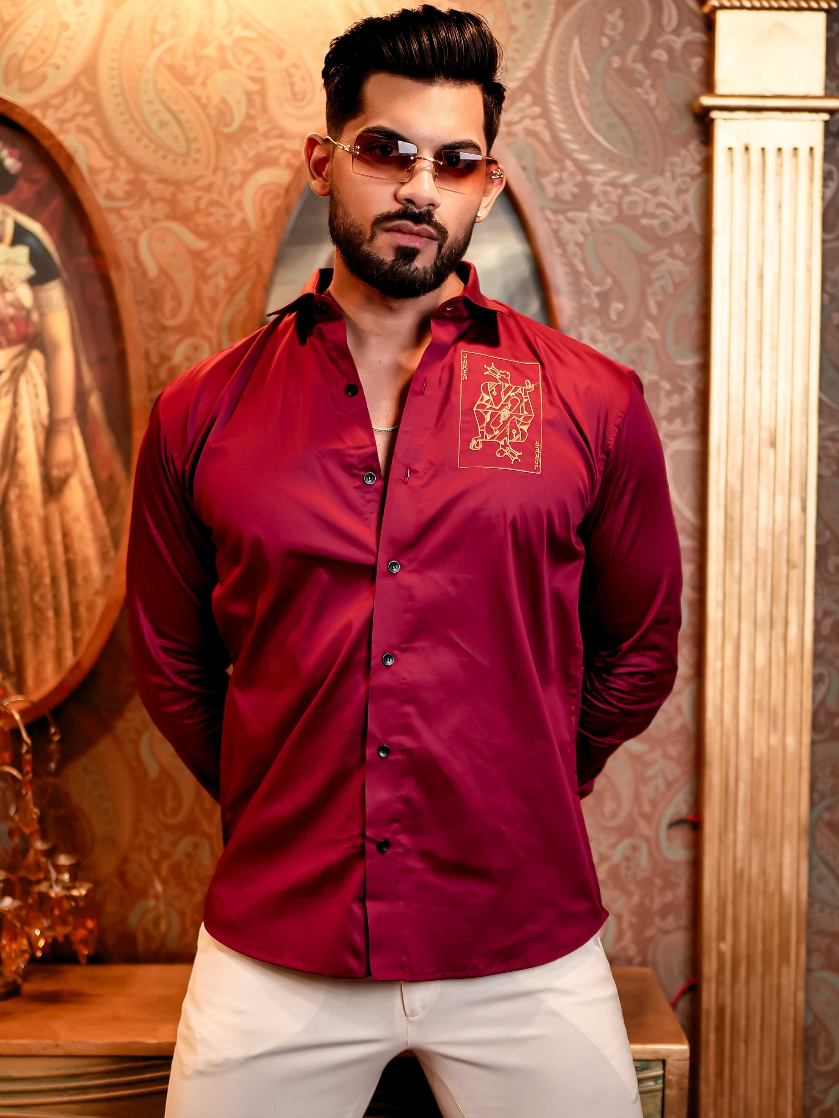 Joker Maroon Embroidered Club Wear Satin Cotton Shirt - Image 7