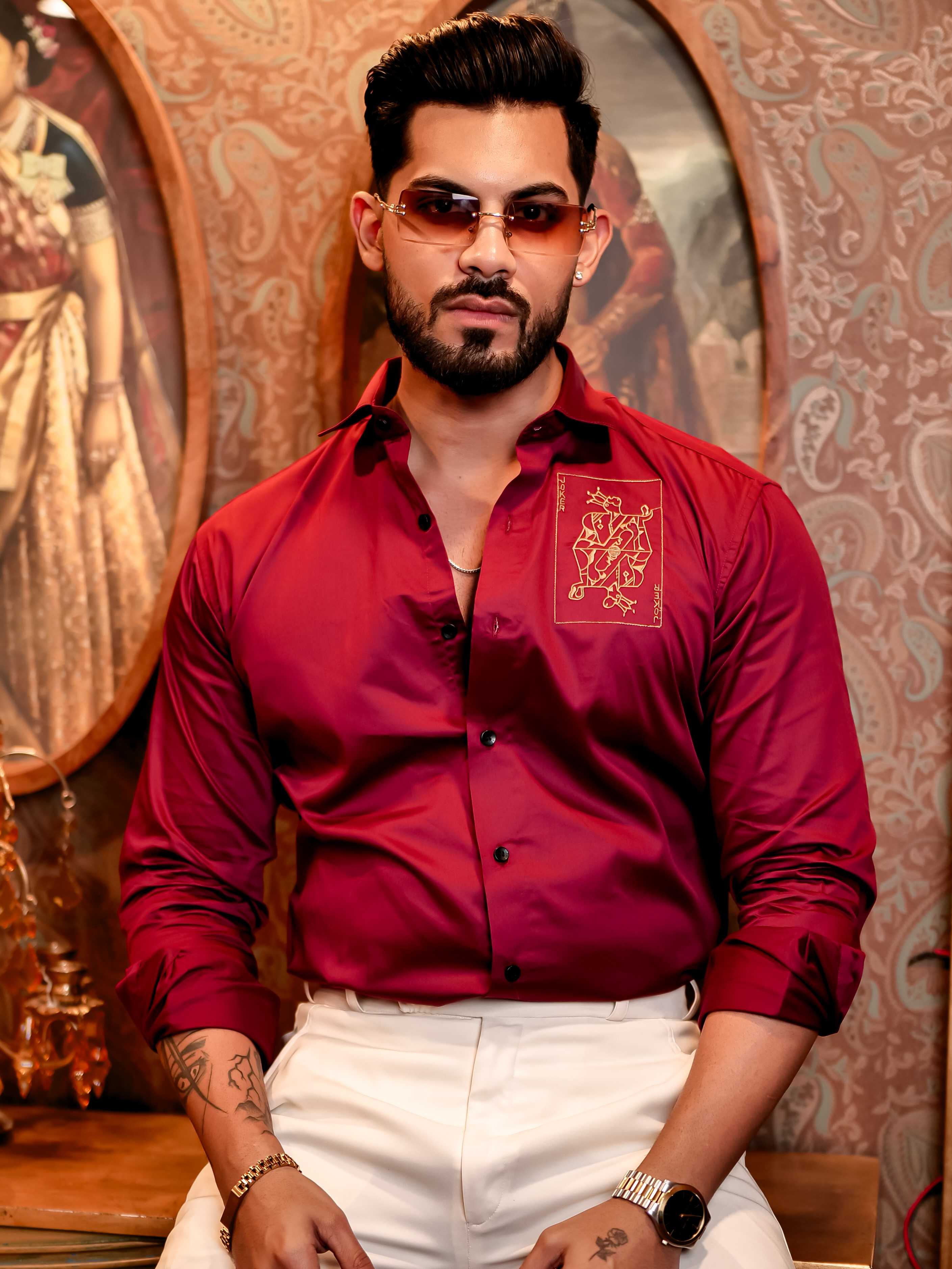Joker Maroon Embroidered Club Wear Satin Cotton Shirt - Image 8