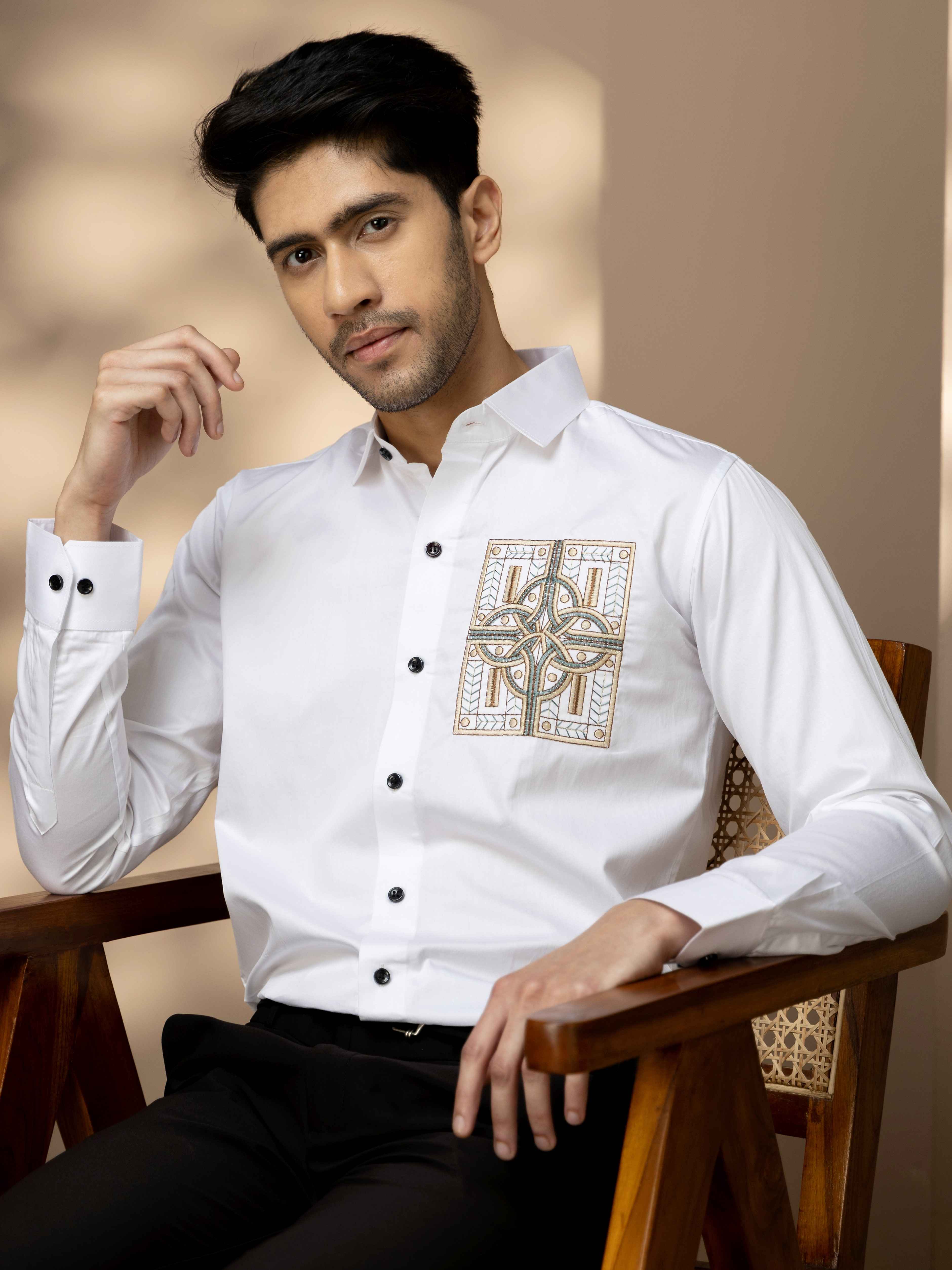 FOOMER WHITE GOLDEN EMBROIDERED CLUB WEAR SATIN COTTON SHIRT