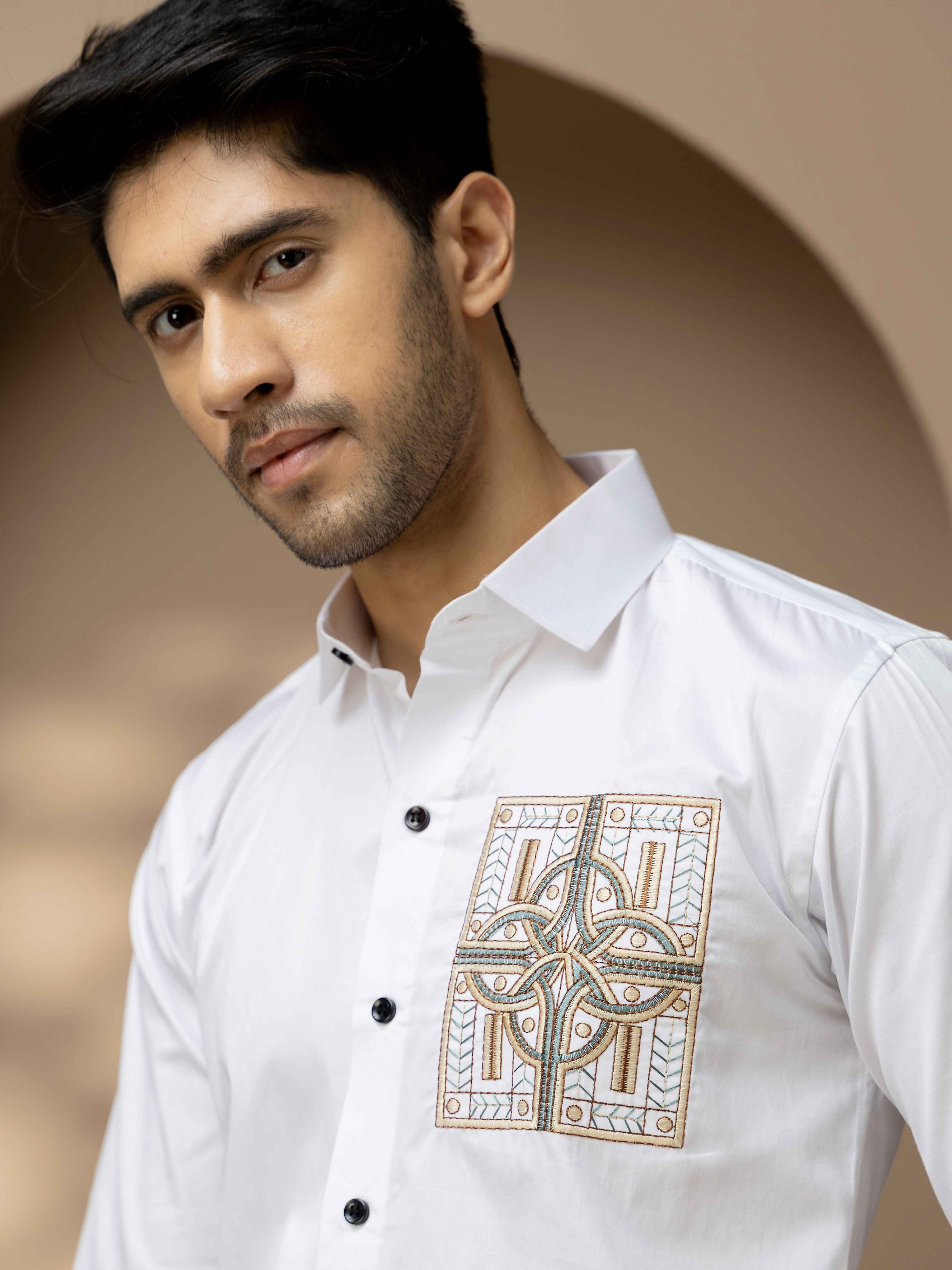 FOOMER WHITE GOLDEN EMBROIDERED CLUB WEAR SATIN COTTON SHIRT - Image 2