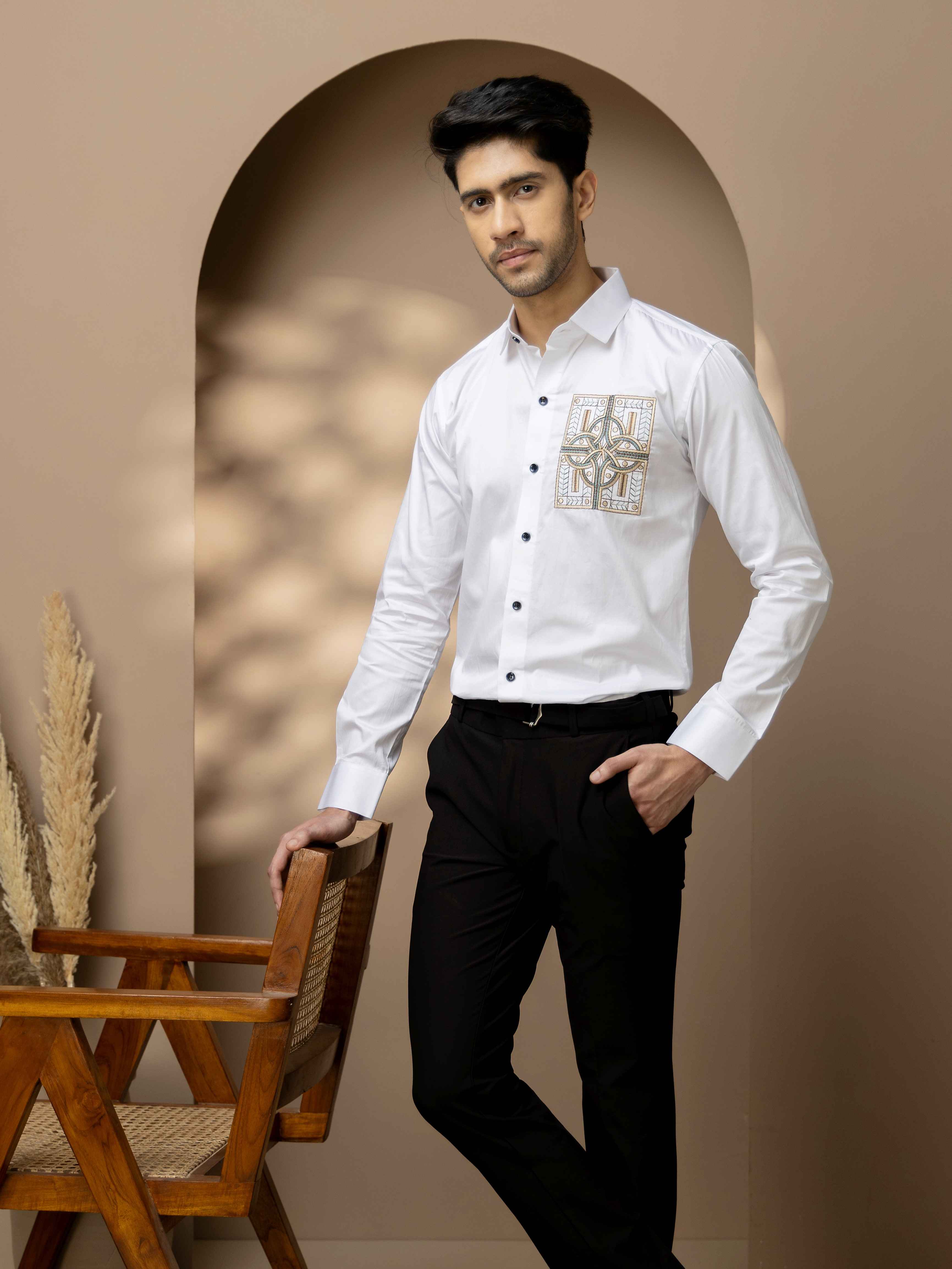 FOOMER WHITE GOLDEN EMBROIDERED CLUB WEAR SATIN COTTON SHIRT - Image 5