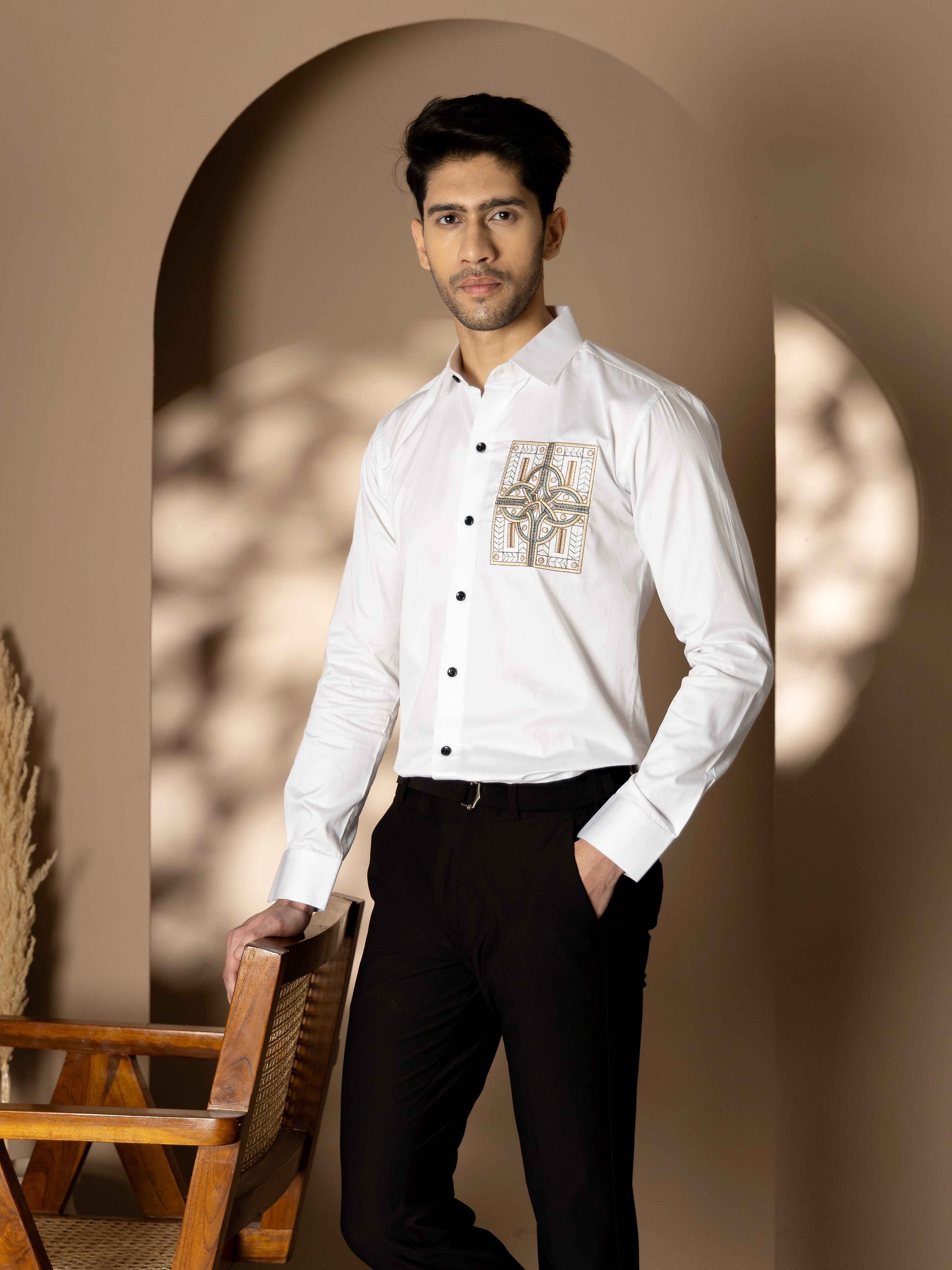 FOOMER WHITE GOLDEN EMBROIDERED CLUB WEAR SATIN COTTON SHIRT - Image 6