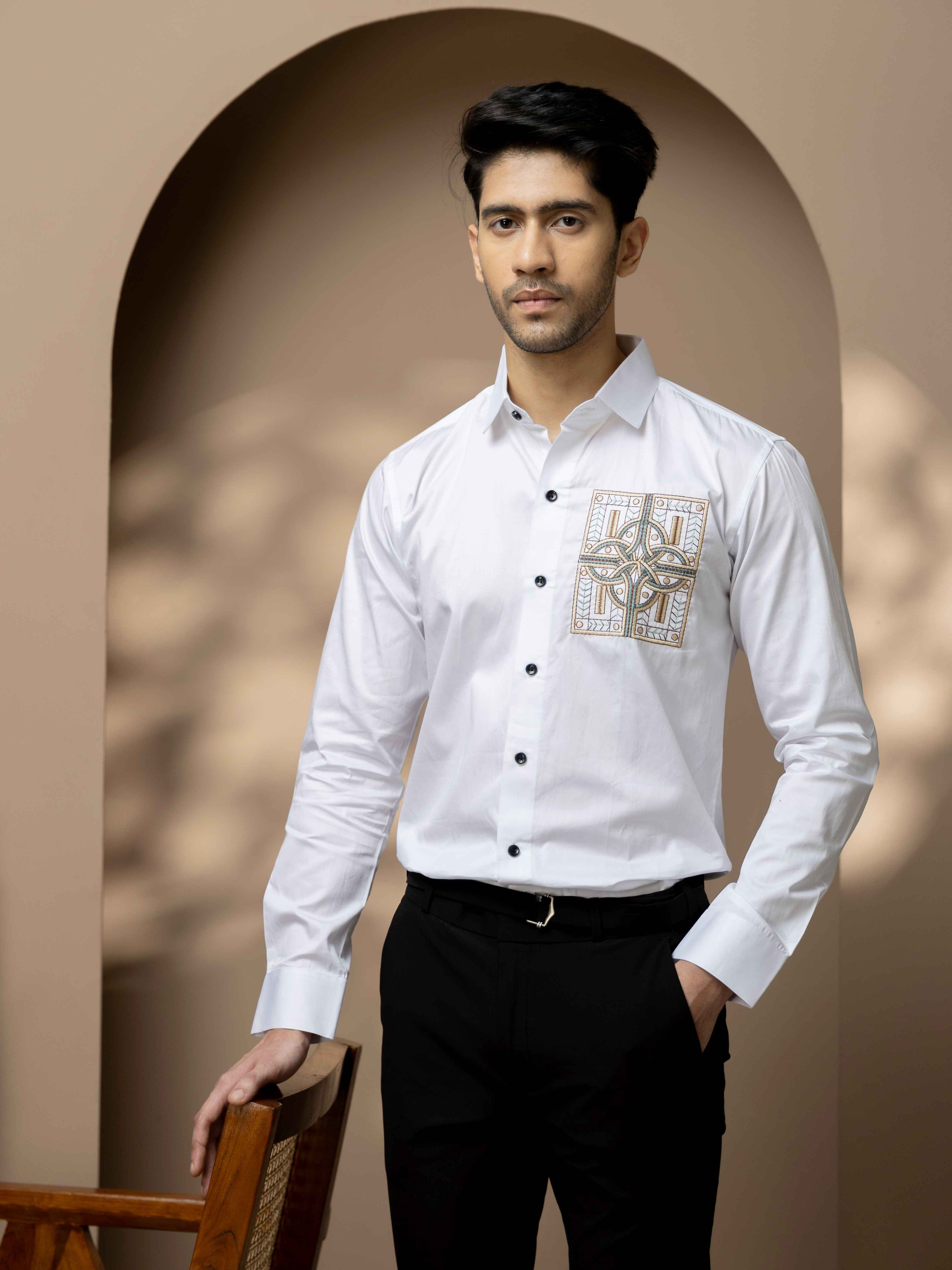 FOOMER WHITE GOLDEN EMBROIDERED CLUB WEAR SATIN COTTON SHIRT - Image 7