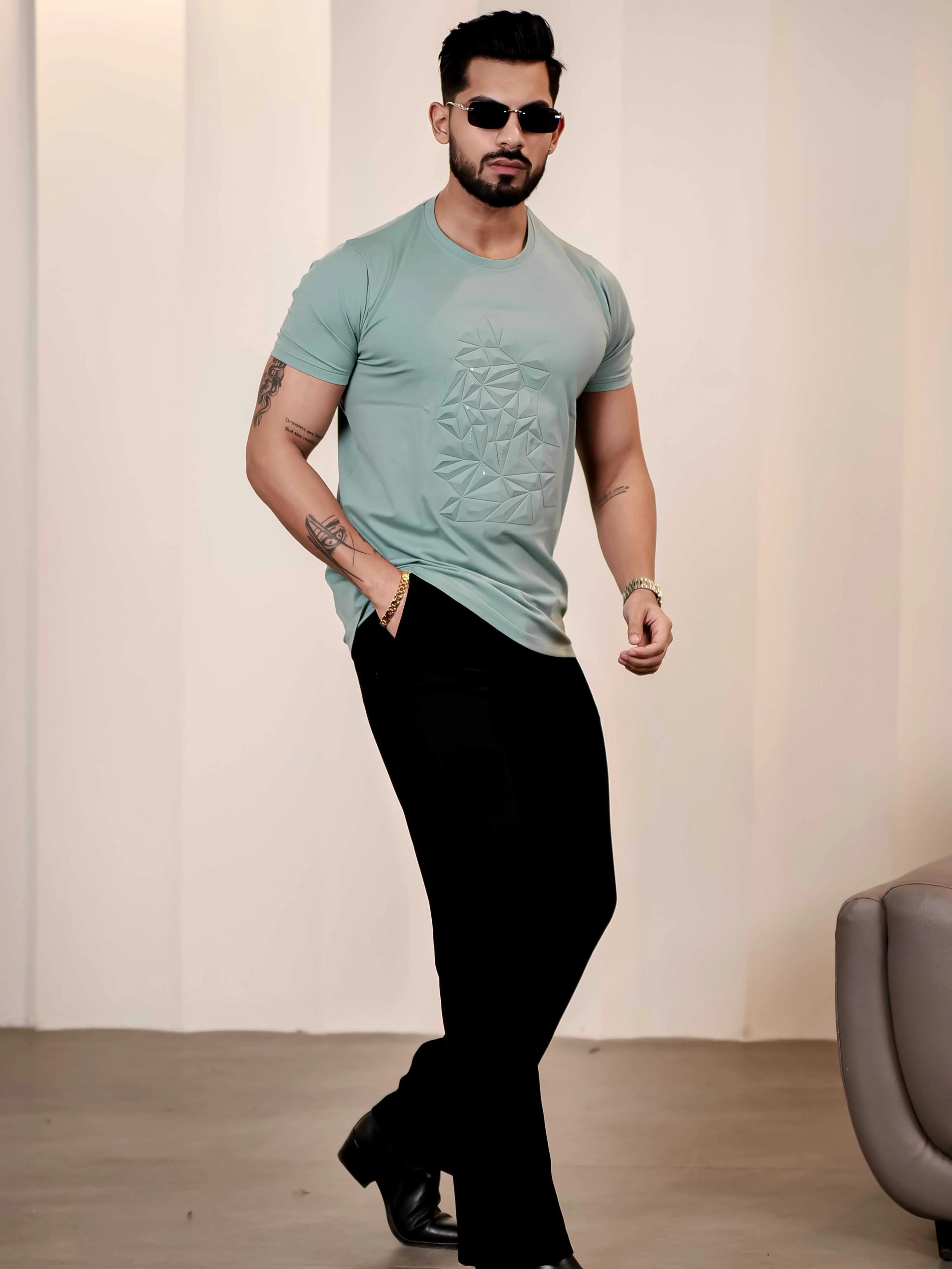 Light Green Round Neck Imported Cotton Half Sleeve Premium Designer T-Shirt - Image 7