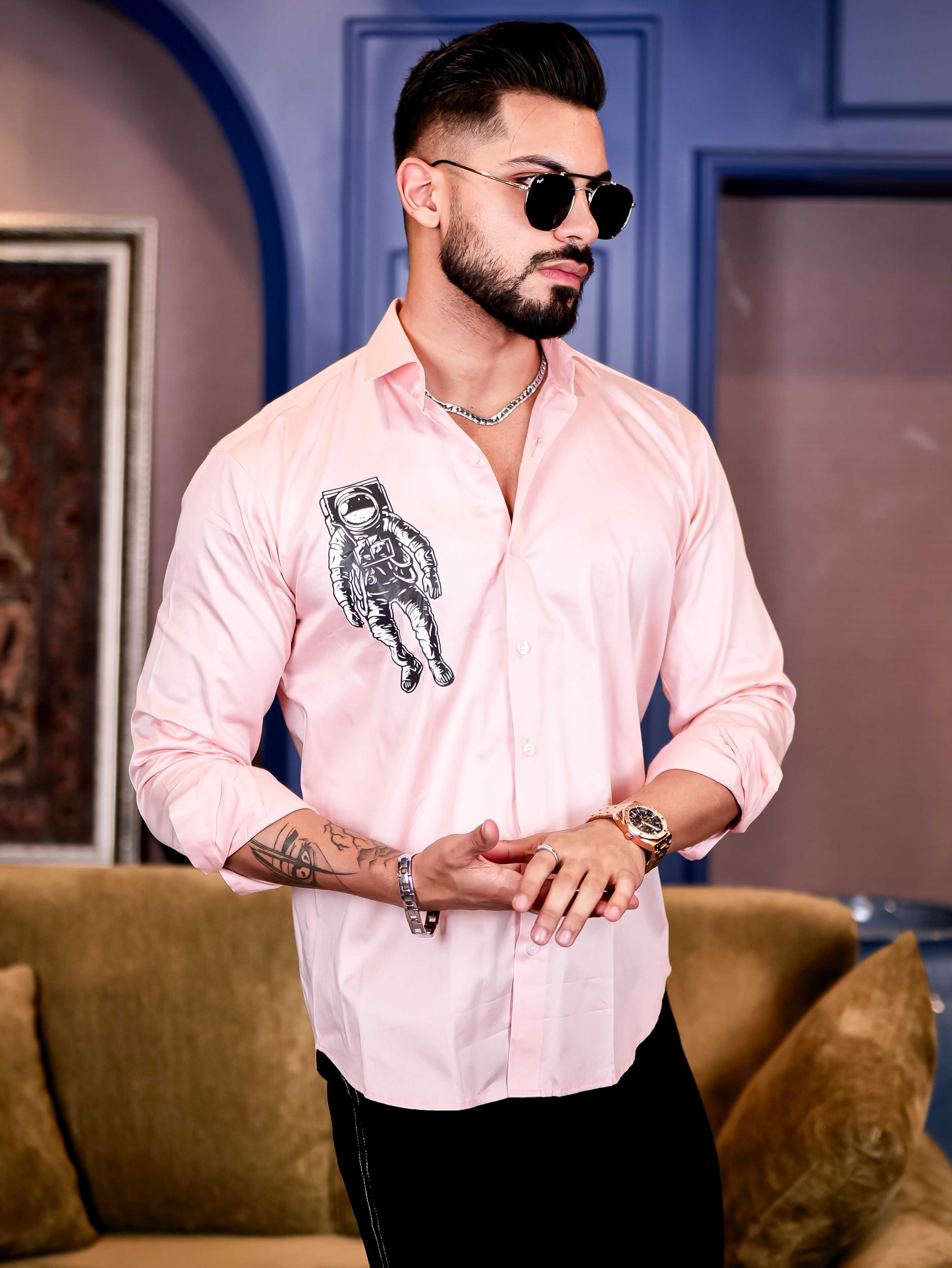 Light Pink Club Wear Astronauts Printed Satin Cotton Shirt - Image 3