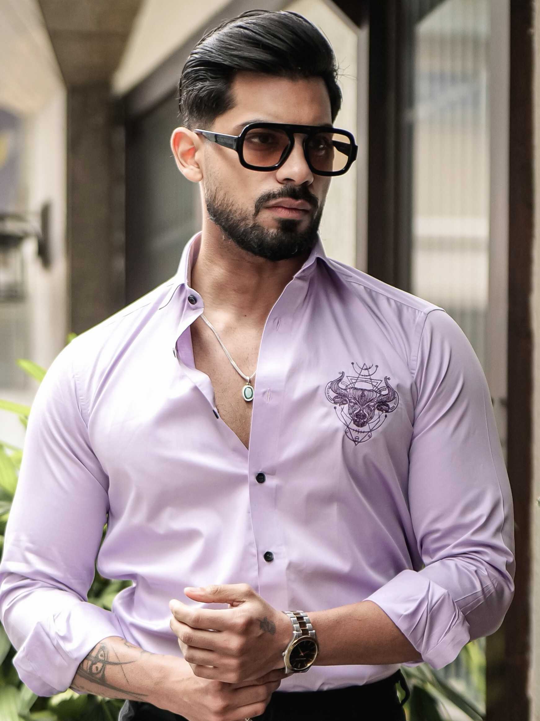 LIGHT PURPLE EMBROIDERED DESIGNER SATIN COTTON SHIRT FOR MEN'S