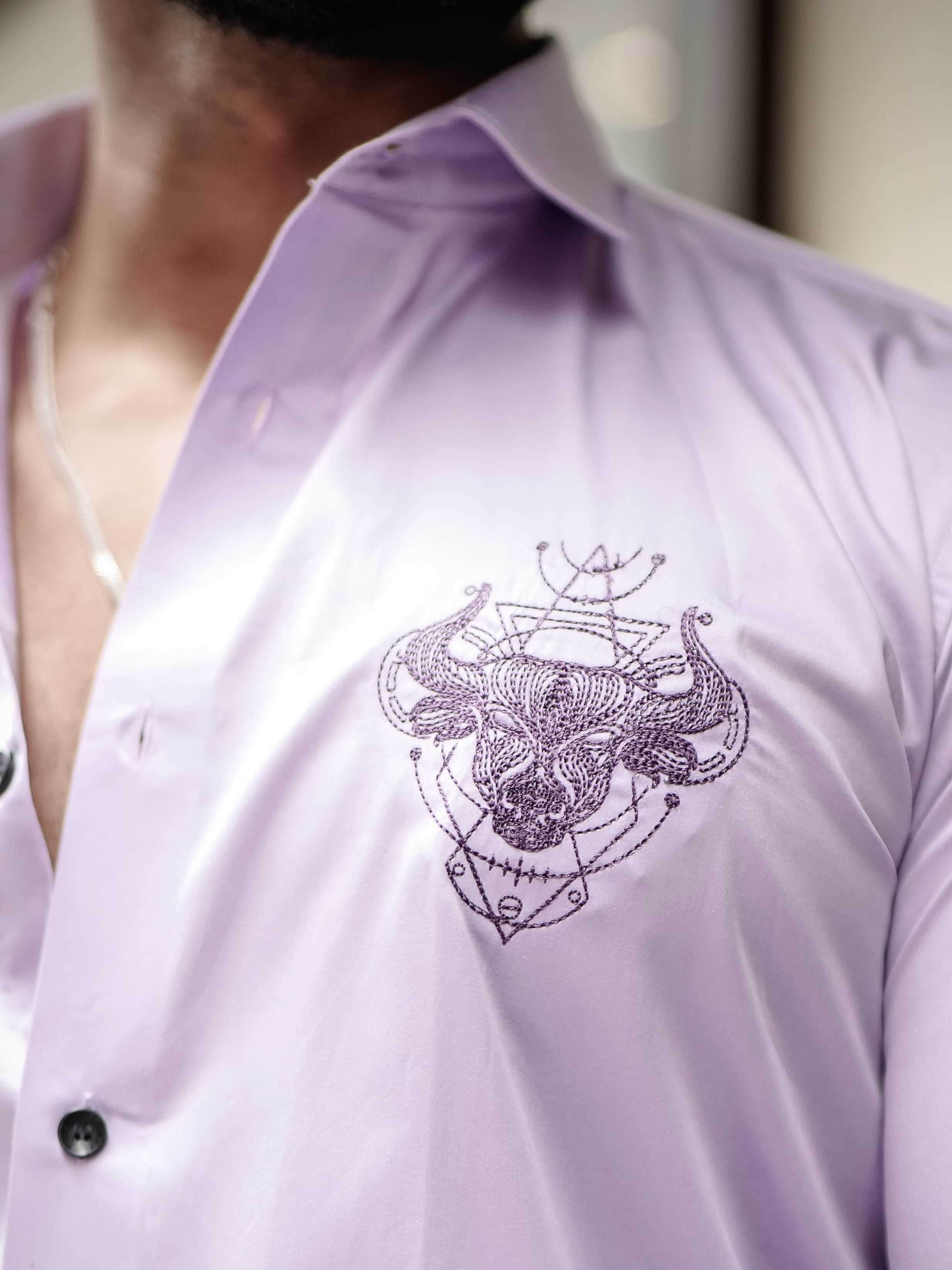 LIGHT PURPLE EMBROIDERED DESIGNER SATIN COTTON SHIRT FOR MEN'S - Image 2