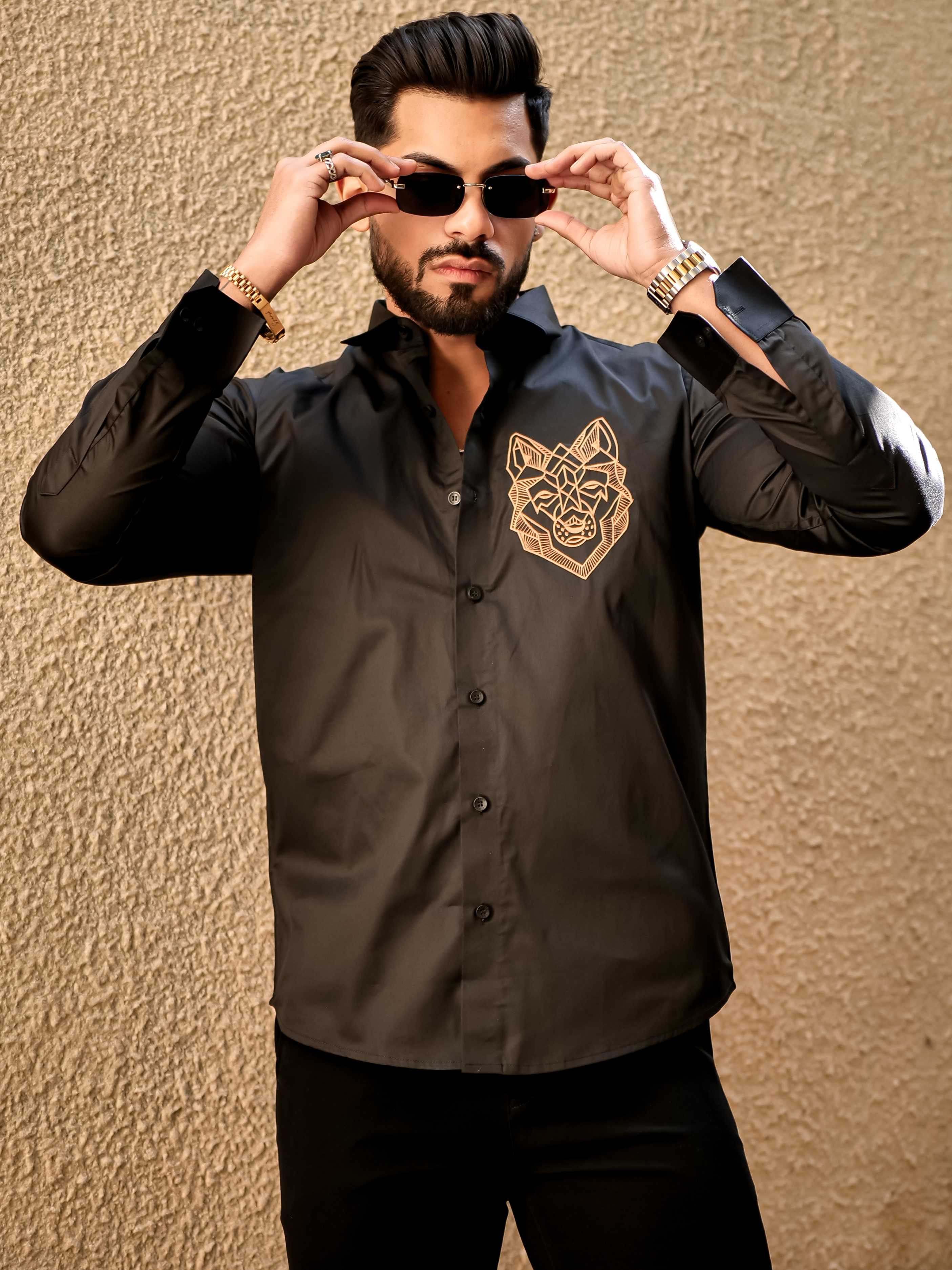 Line Art Wolf Black Embroidered Club Wear Satin Cotton Shirt - Image 3