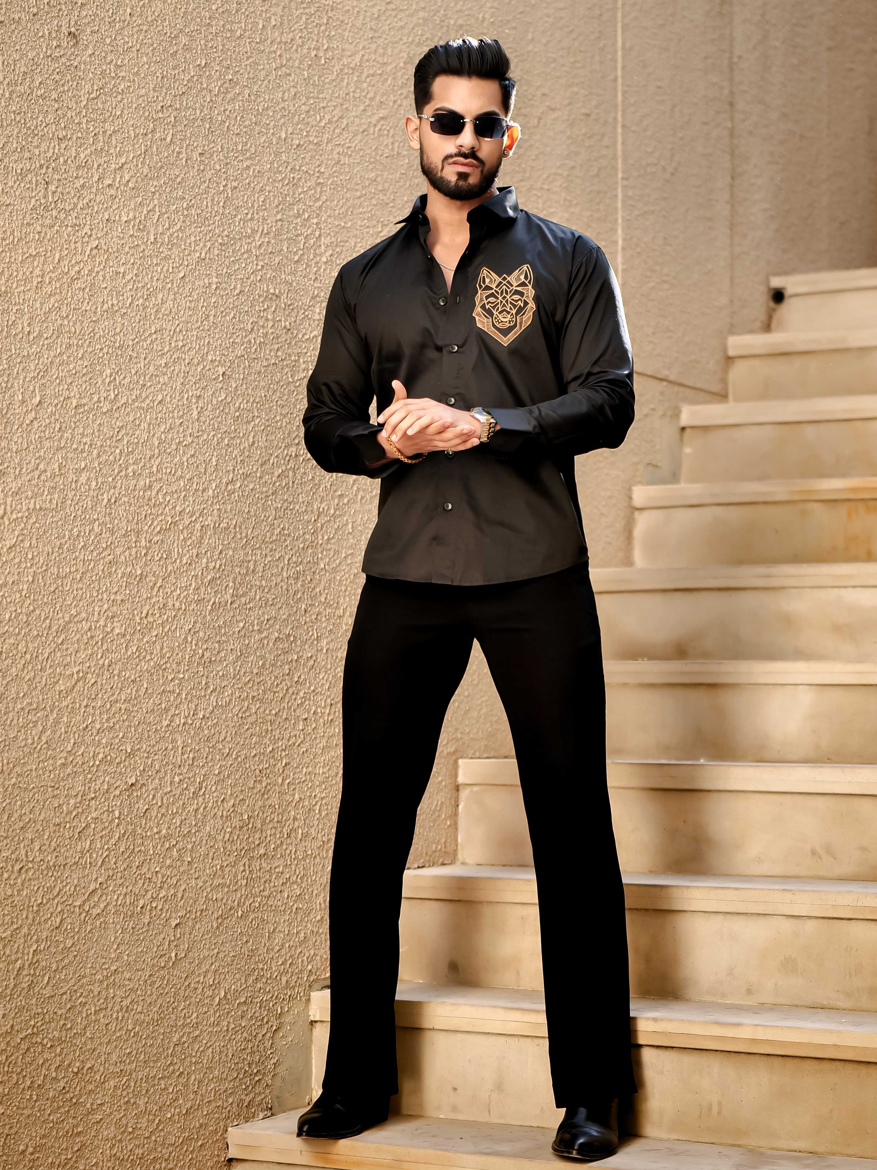Line Art Wolf Black Embroidered Club Wear Satin Cotton Shirt - Image 4