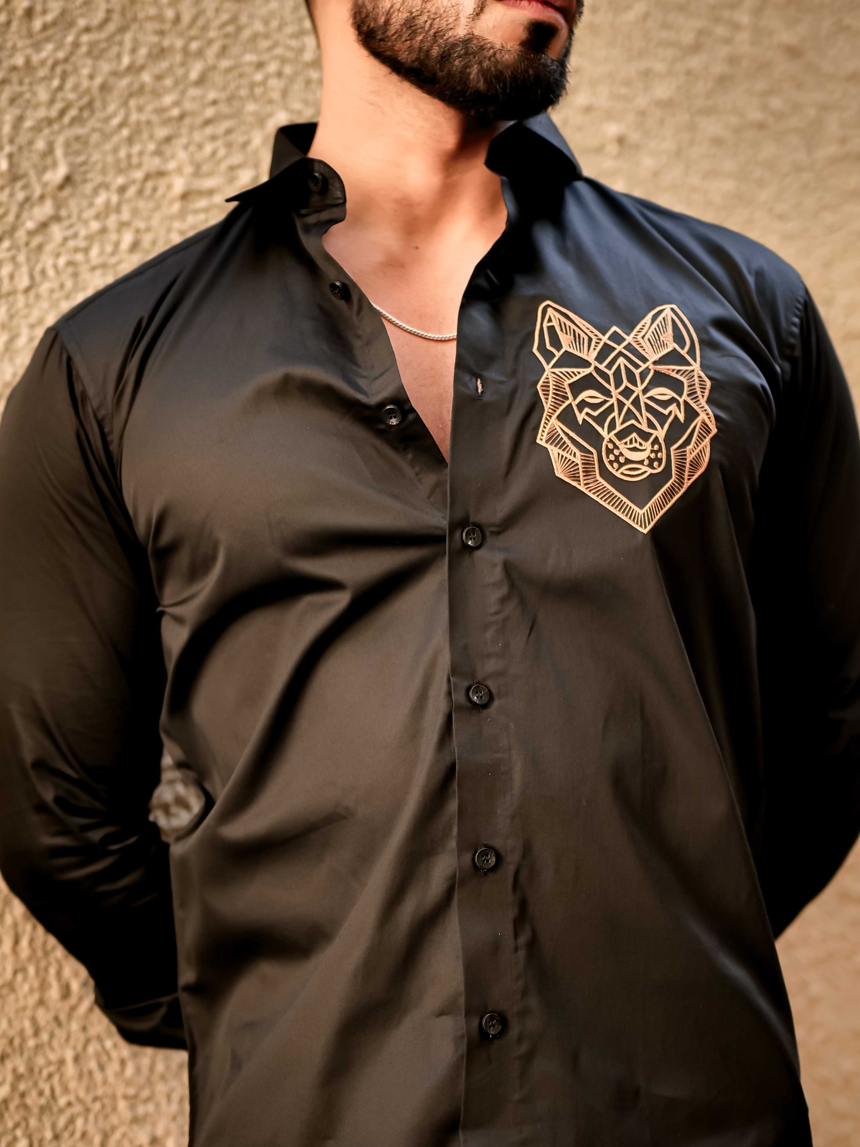 Line Art Wolf Black Embroidered Club Wear Satin Cotton Shirt - Image 5