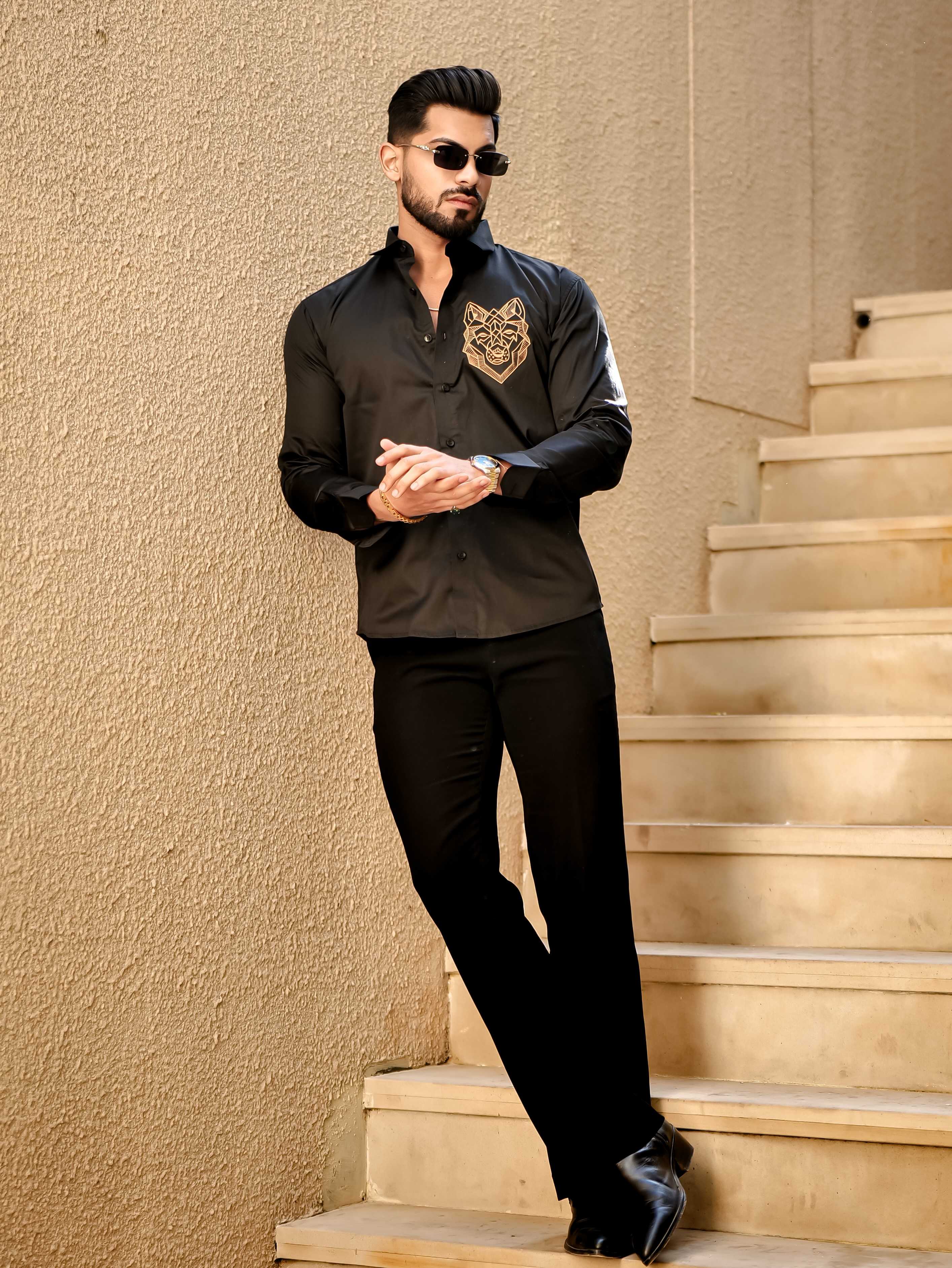 Line Art Wolf Black Embroidered Club Wear Satin Cotton Shirt - Image 6
