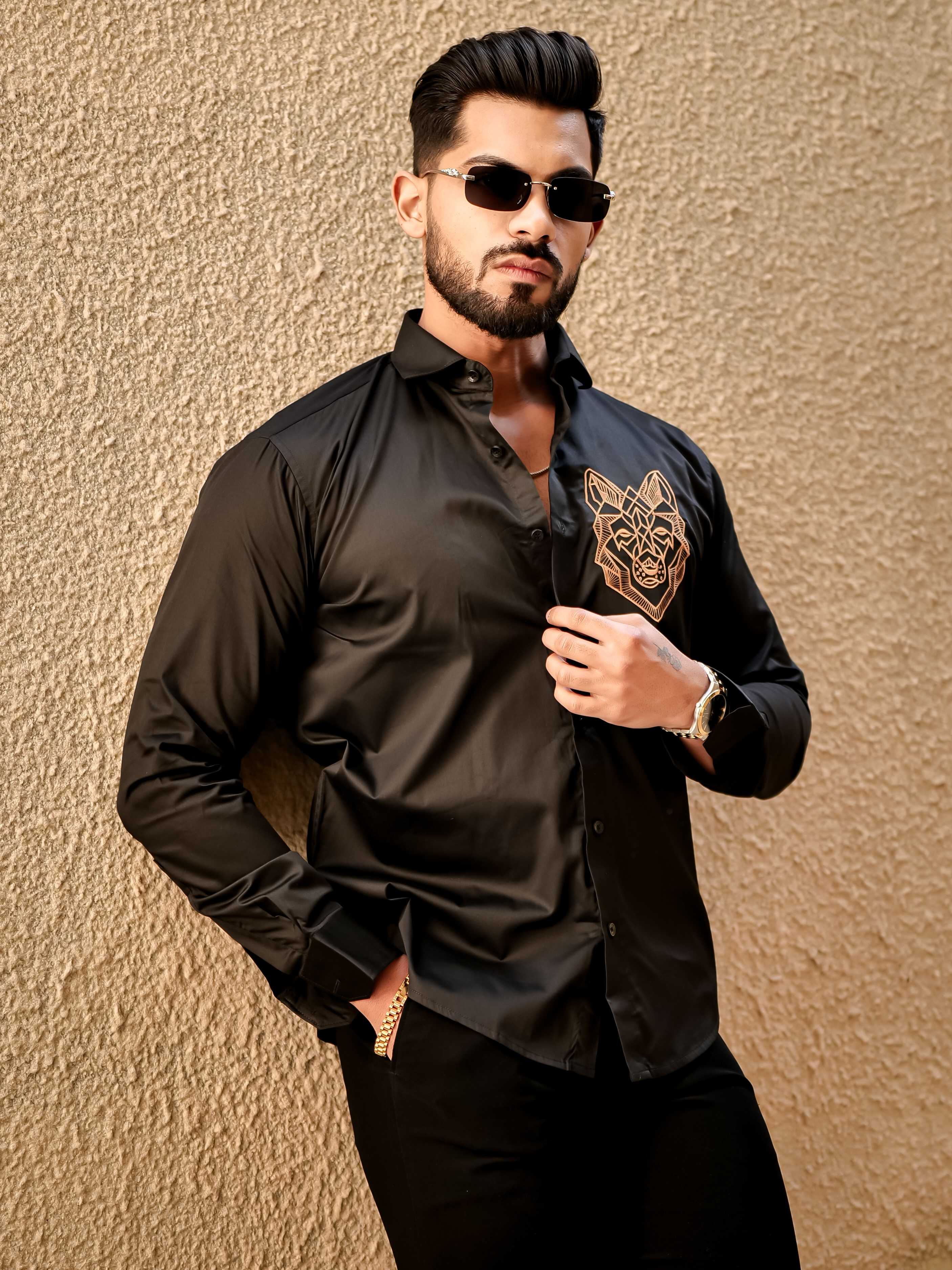 Line Art Wolf Black Embroidered Club Wear Satin Cotton Shirt - Image 7