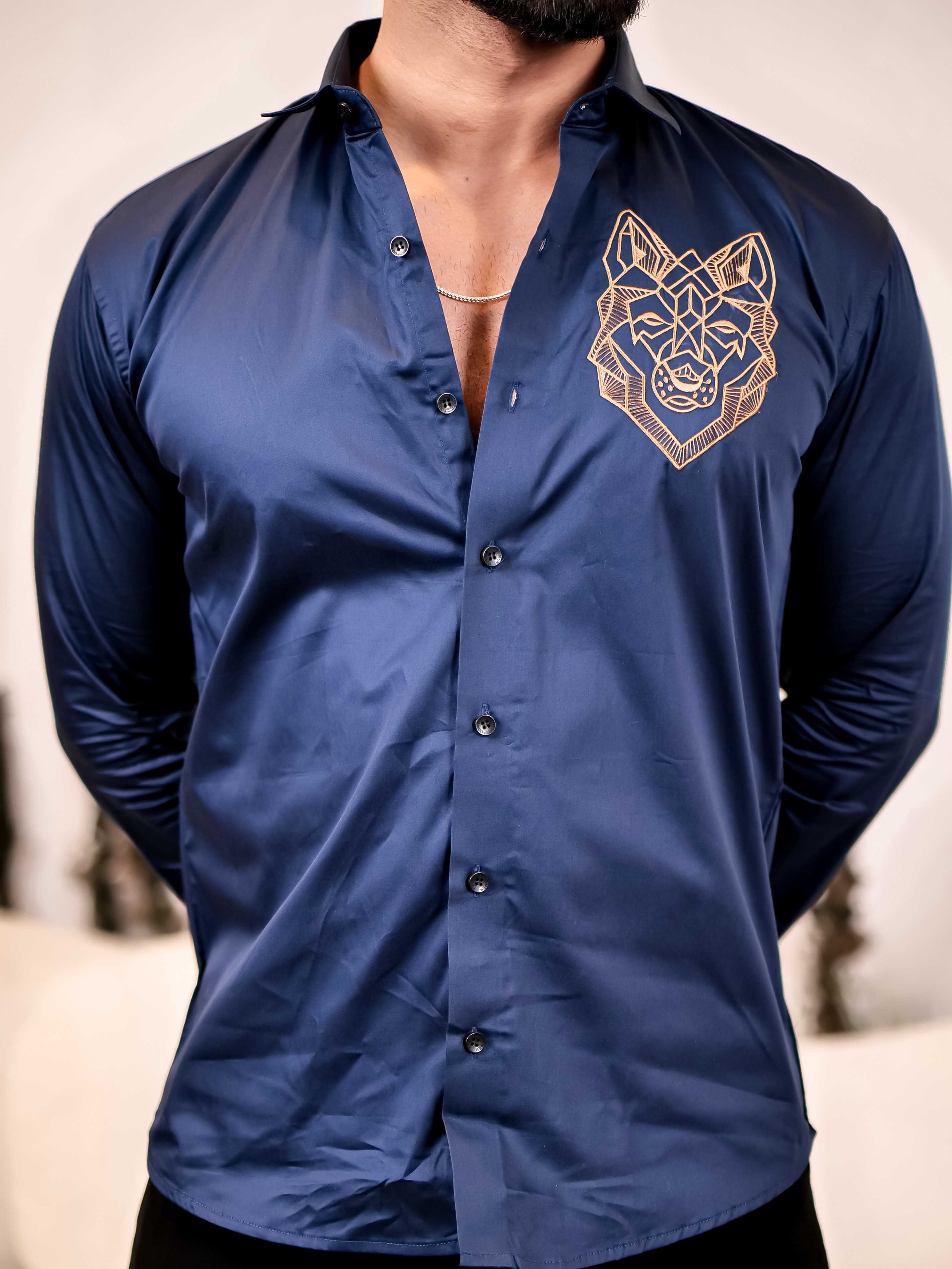 Line Art Wolf Navy Embroidered Club Wear Satin Cotton Shirt - Image 2
