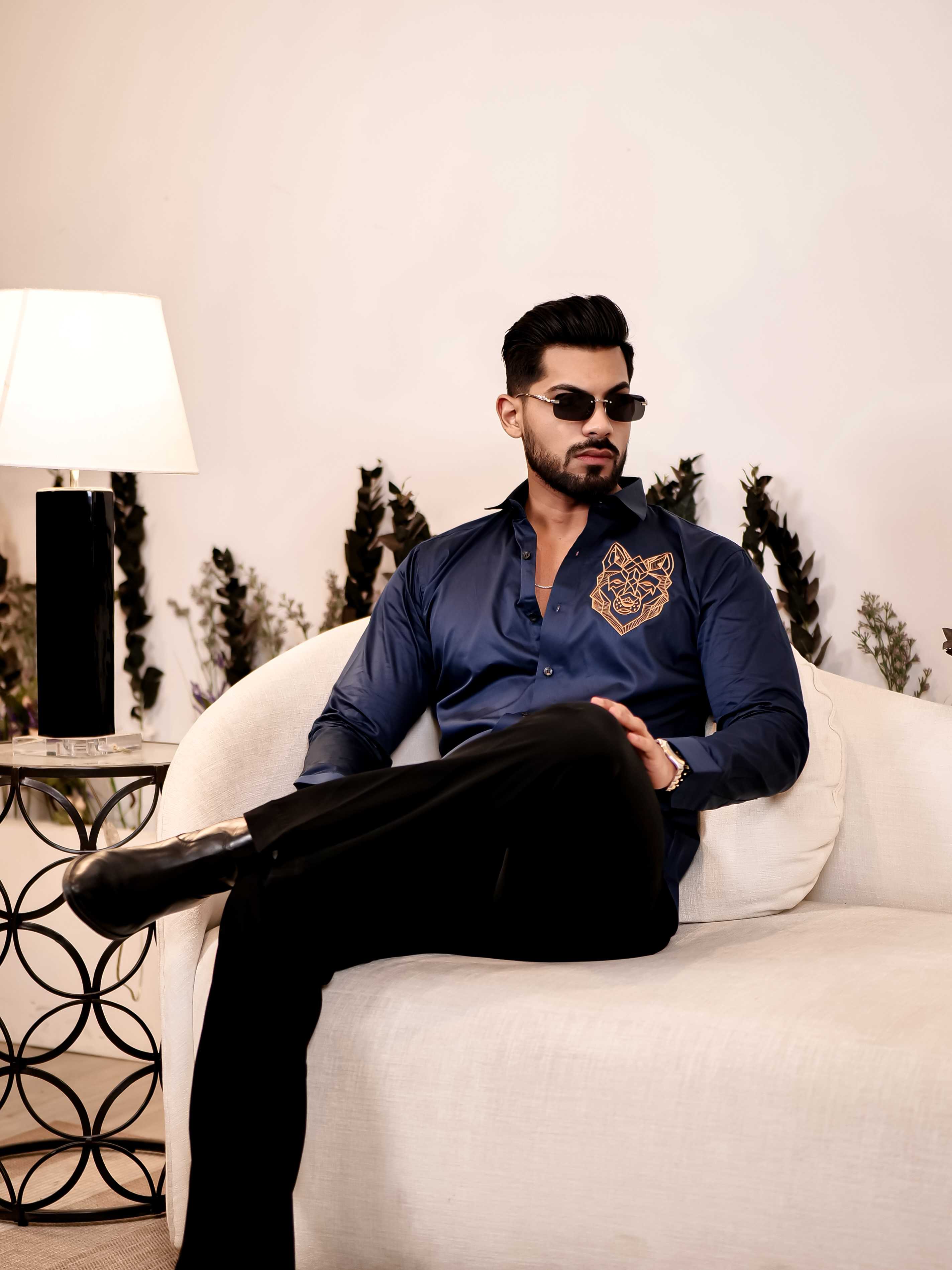 Line Art Wolf Navy Embroidered Club Wear Satin Cotton Shirt - Image 3