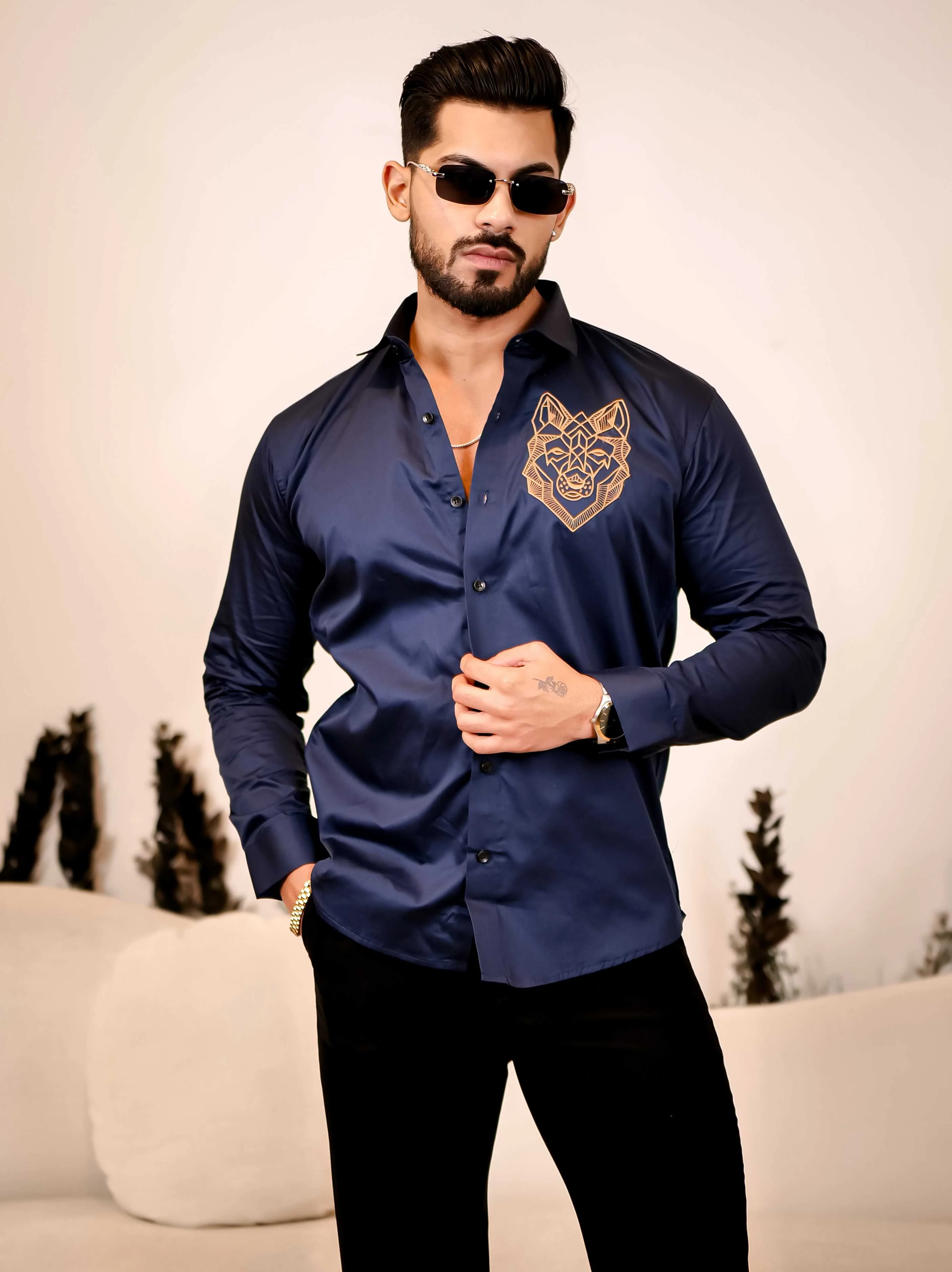Line Art Wolf Navy Embroidered Club Wear Satin Cotton Shirt - Image 4