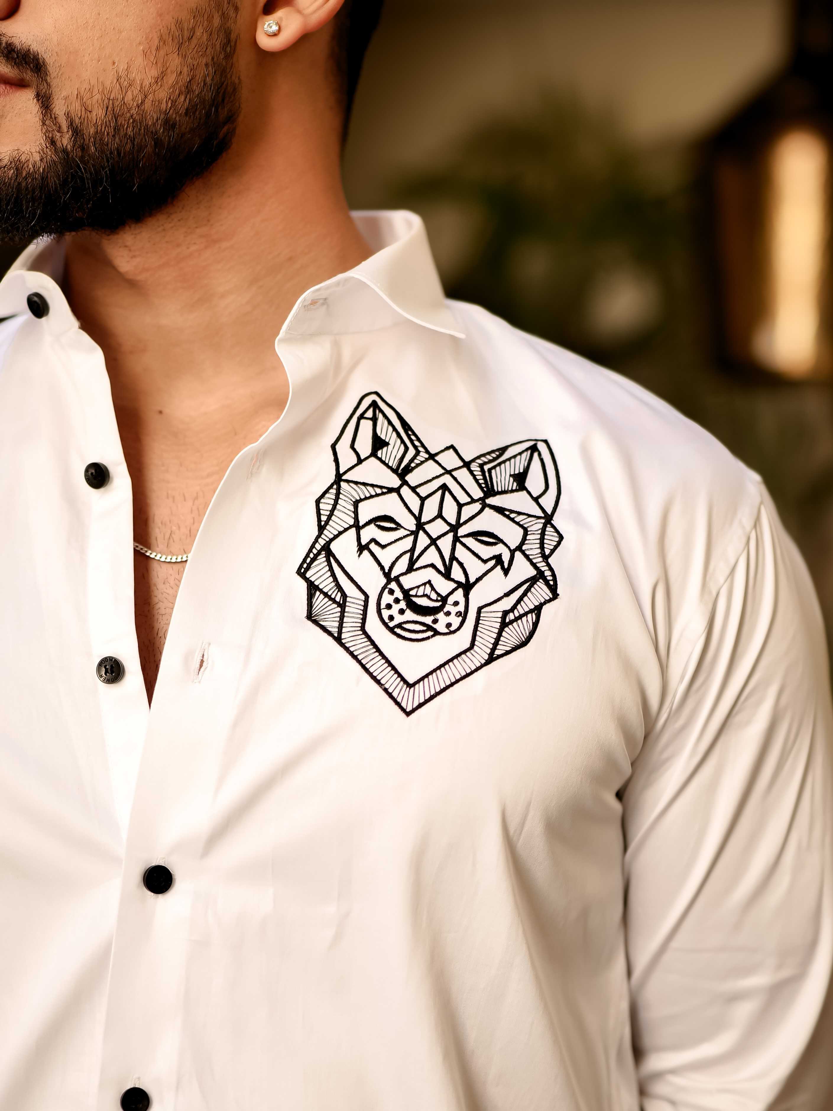 Line Art Wolf White Embroidered Club Wear Satin Cotton Shirt - Image 2