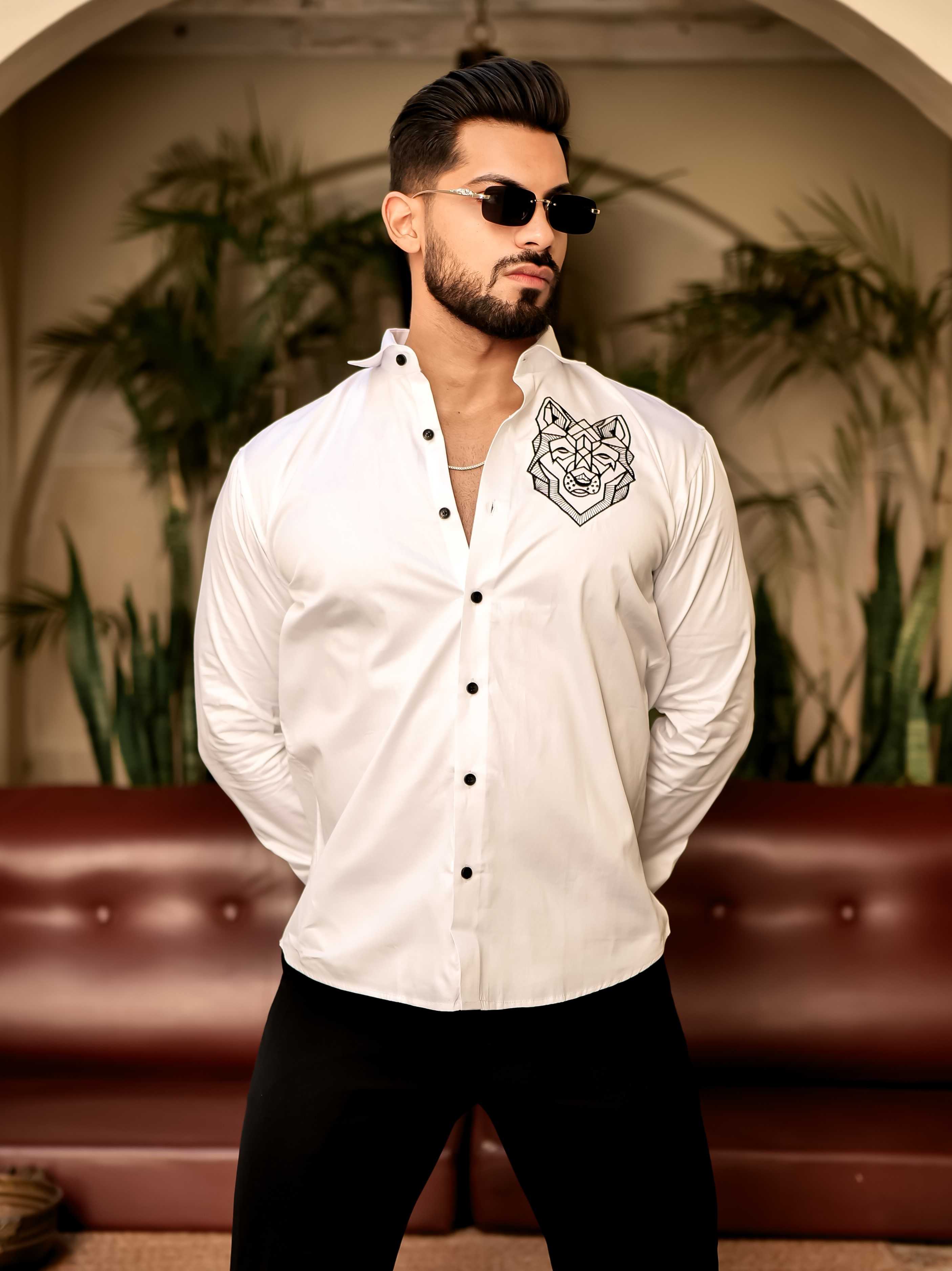 Line Art Wolf White Embroidered Club Wear Satin Cotton Shirt - Image 4