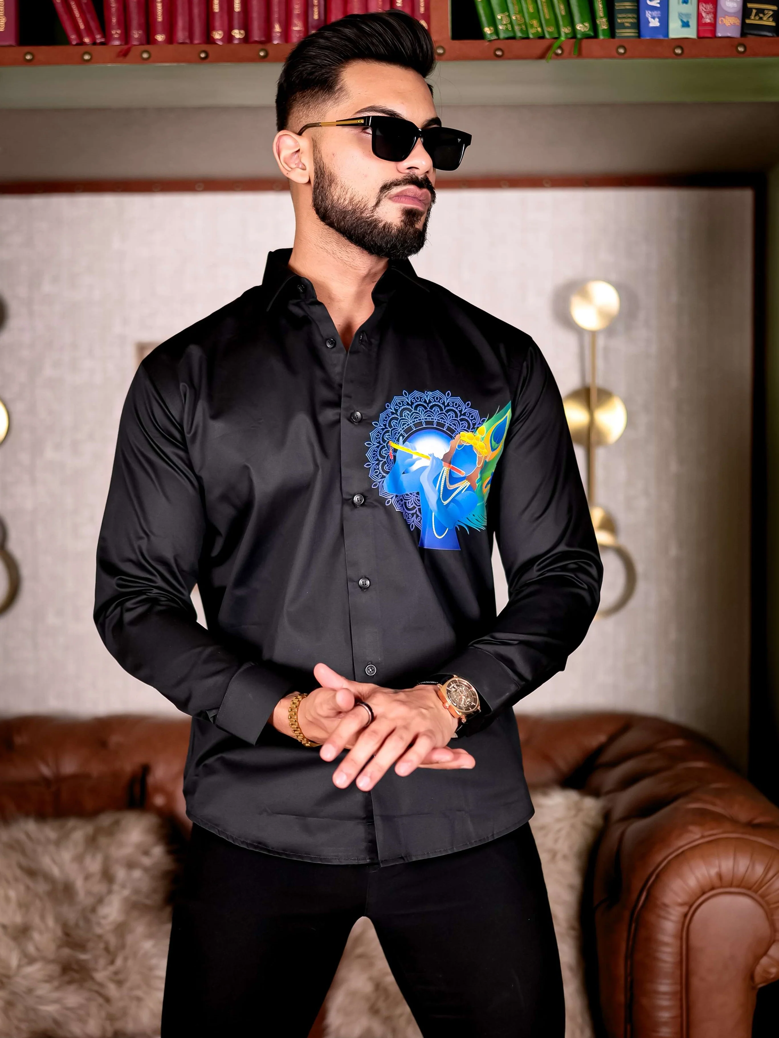 Lord Krishna Black Club Wear Printed Satin Cotton Shirt - Image 3