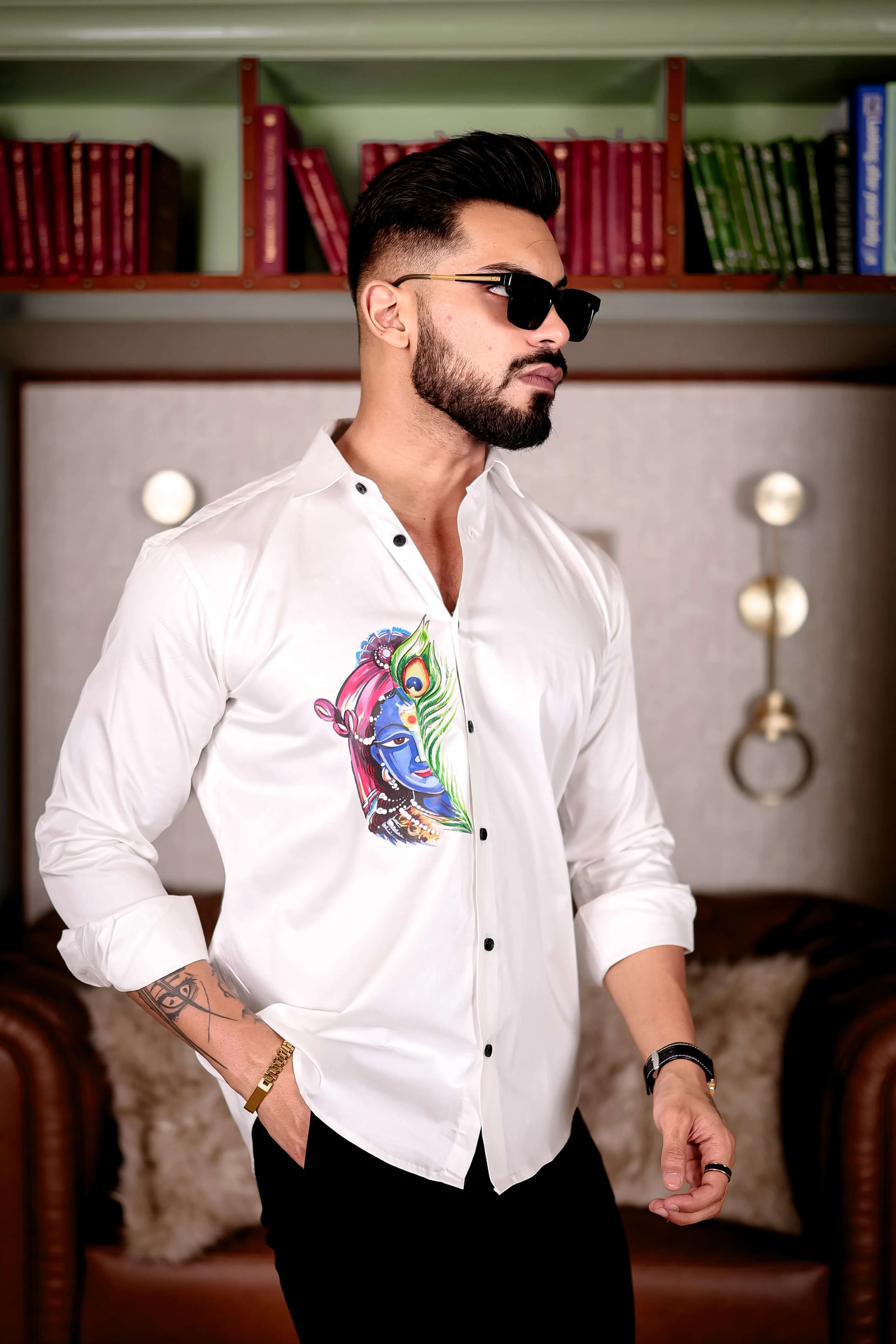 Lord Krishna White Club Wear Printed Satin Cotton Shirt - Image 10