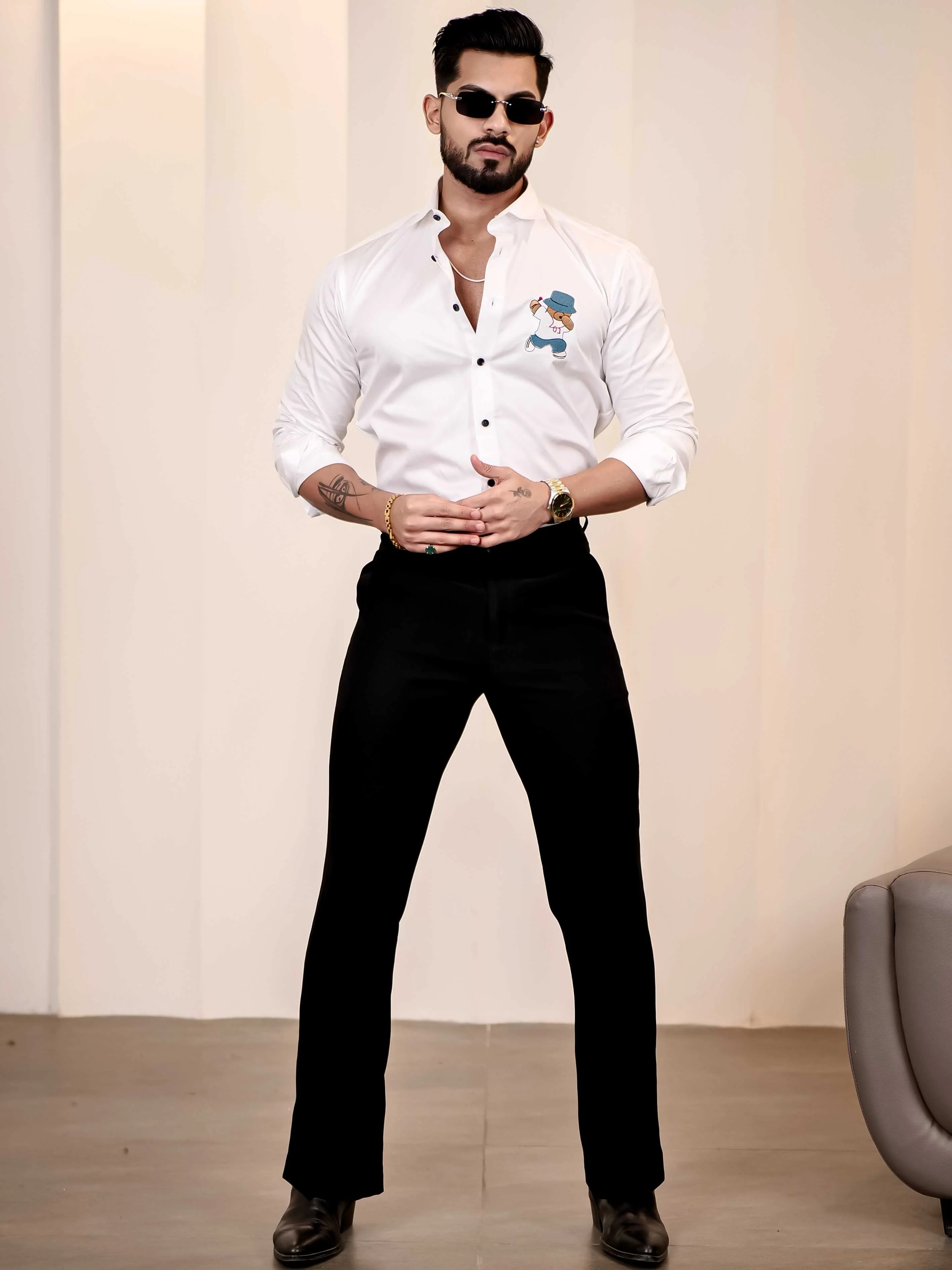 Love Teddy White Embroidered Club Wear Satin Cotton Shirt - Image 11