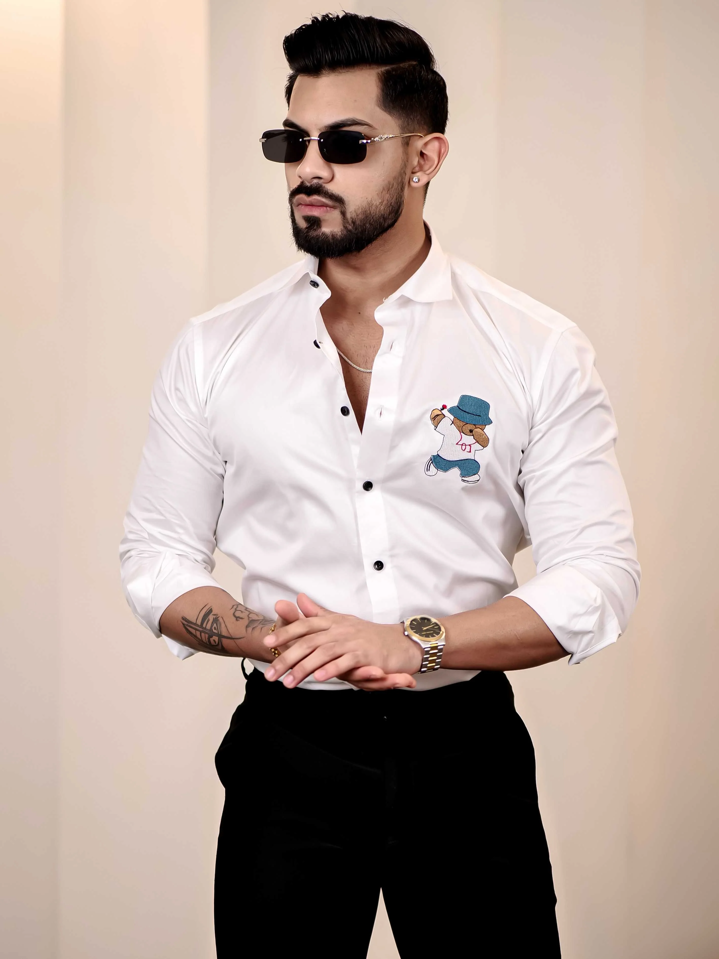 Love Teddy White Embroidered Club Wear Satin Cotton Shirt - Image 12