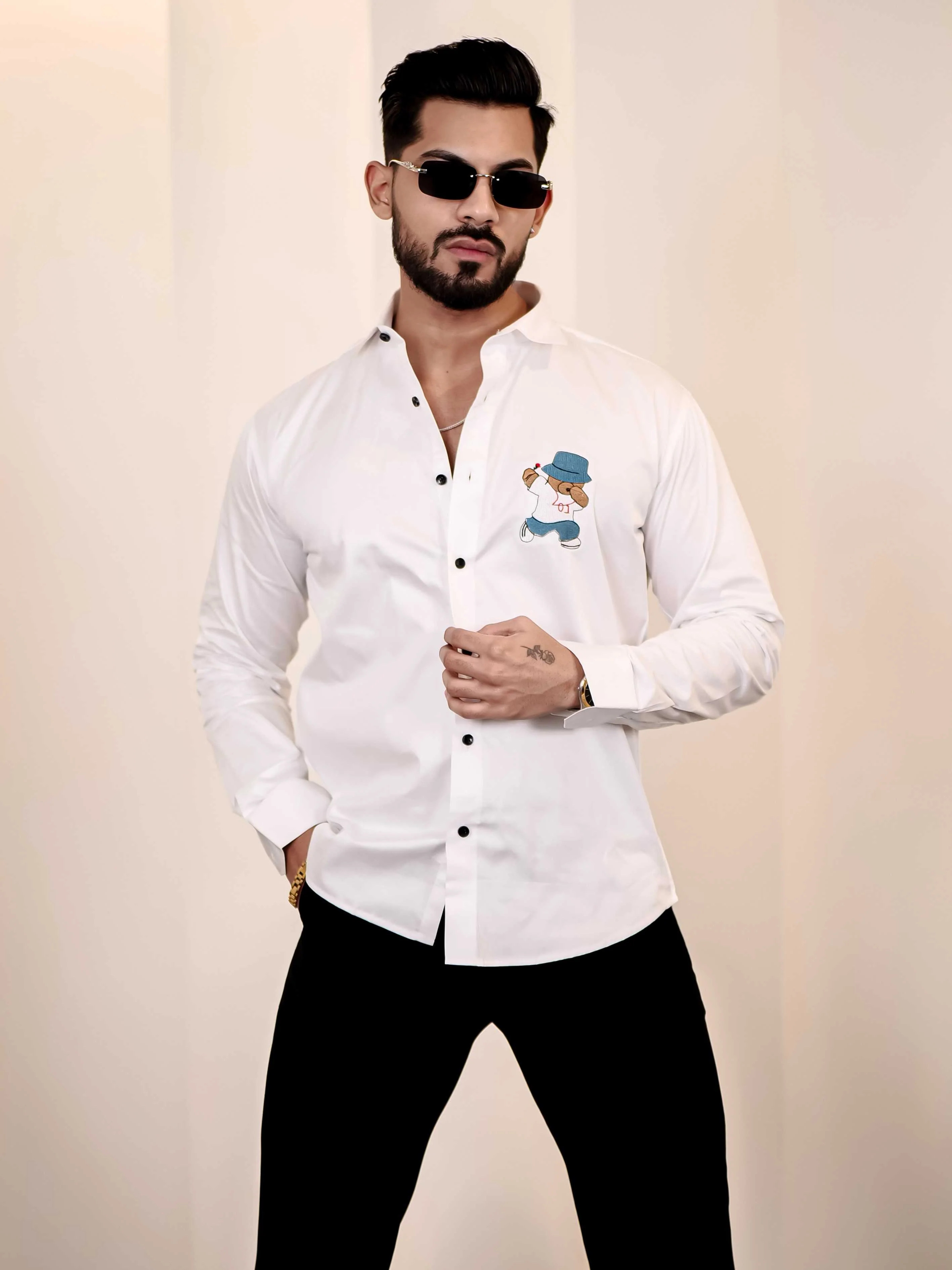 Love Teddy White Embroidered Club Wear Satin Cotton Shirt - Image 3
