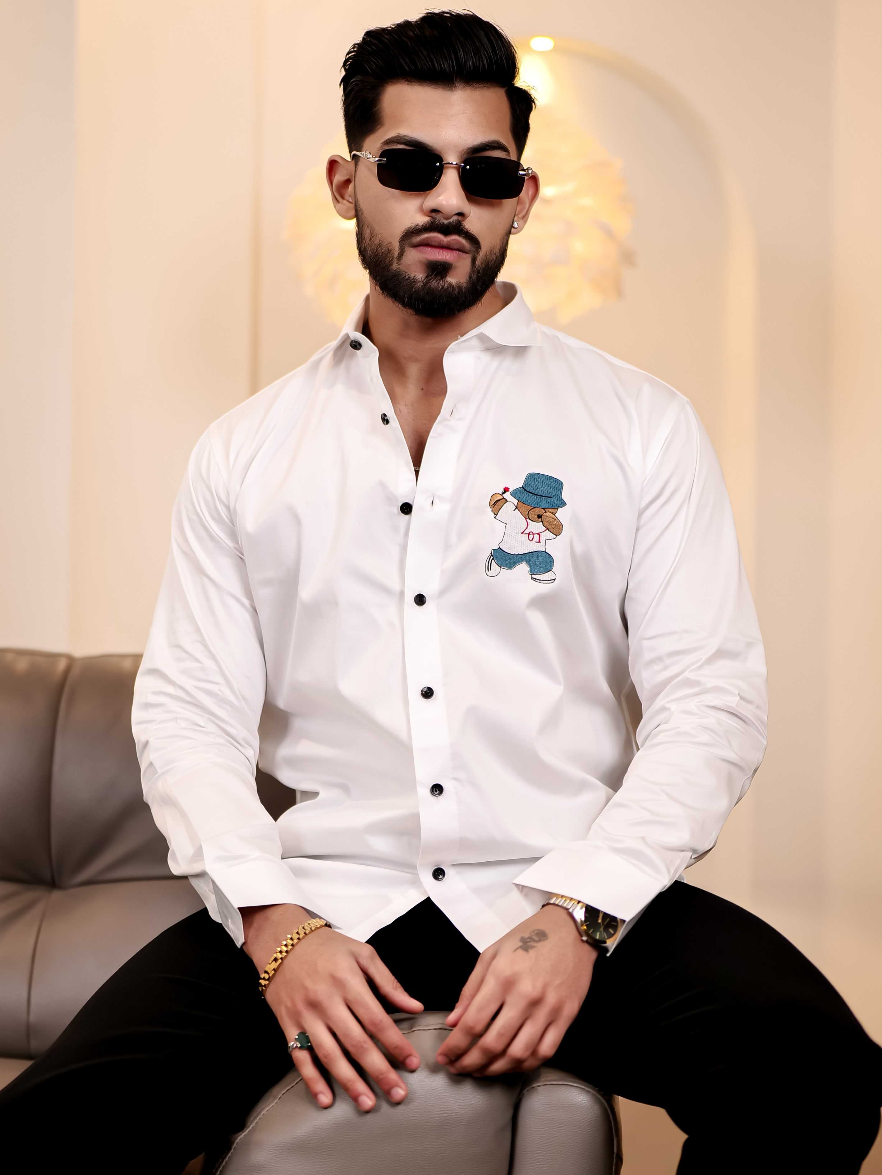 Love Teddy White Embroidered Club Wear Satin Cotton Shirt - Image 4