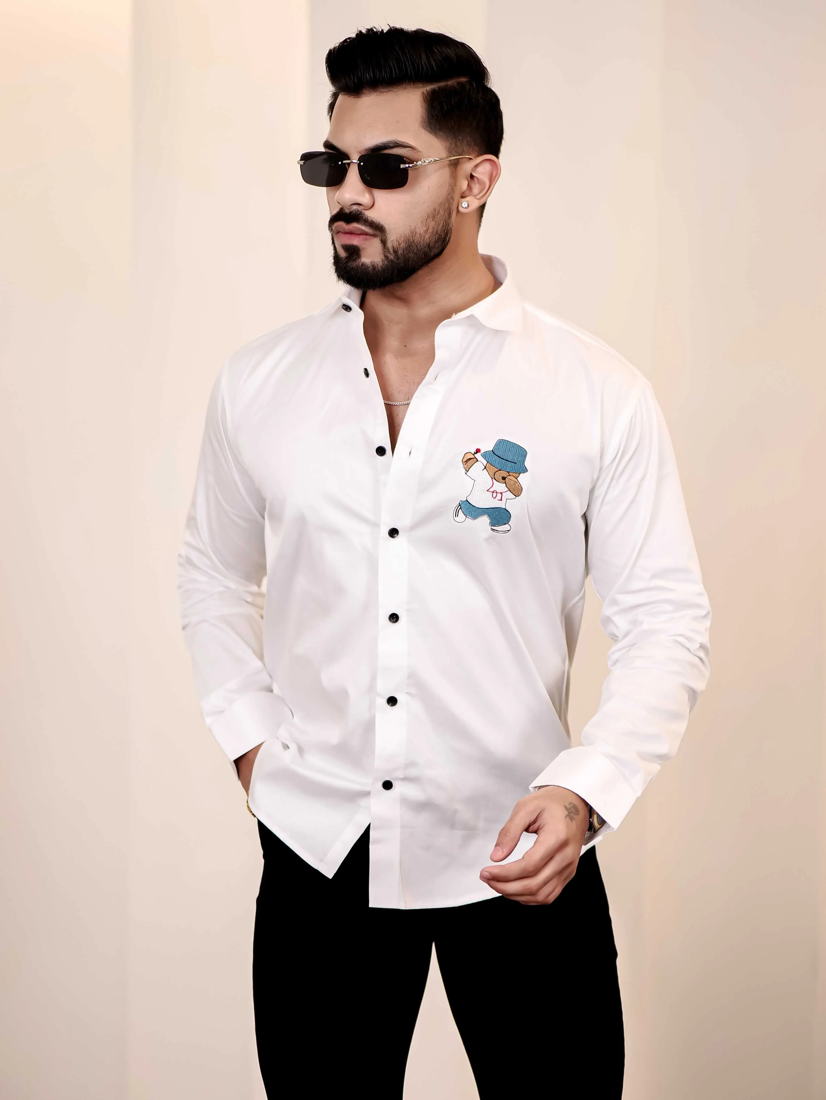 Love Teddy White Embroidered Club Wear Satin Cotton Shirt - Image 5