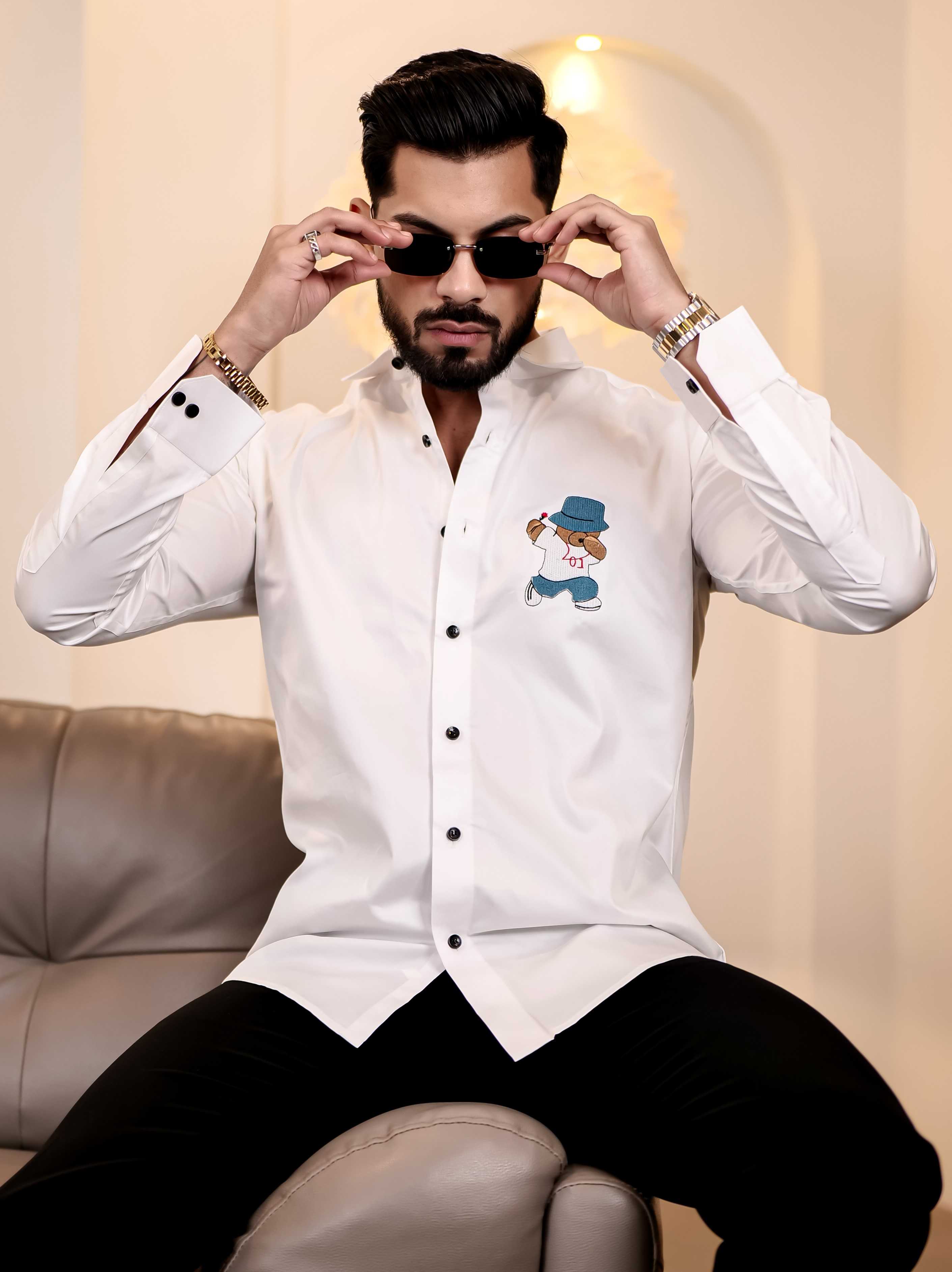 Love Teddy White Embroidered Club Wear Satin Cotton Shirt - Image 8