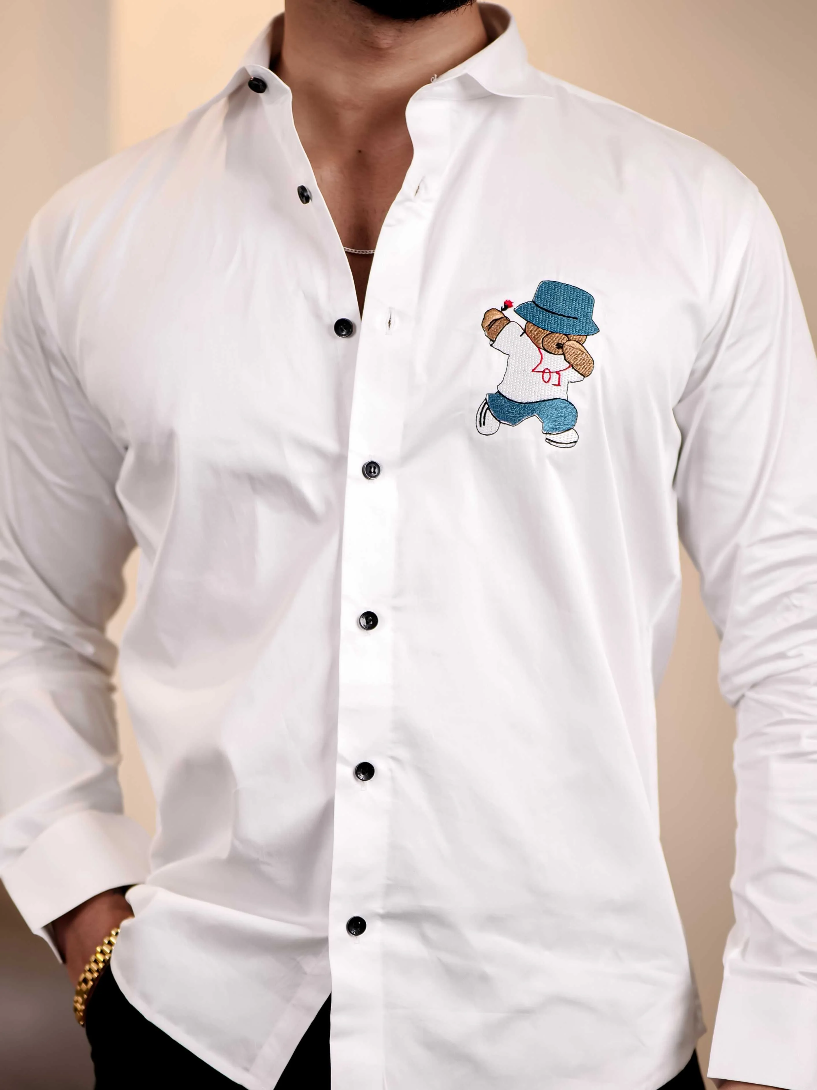 Love Teddy White Embroidered Club Wear Satin Cotton Shirt - Image 9