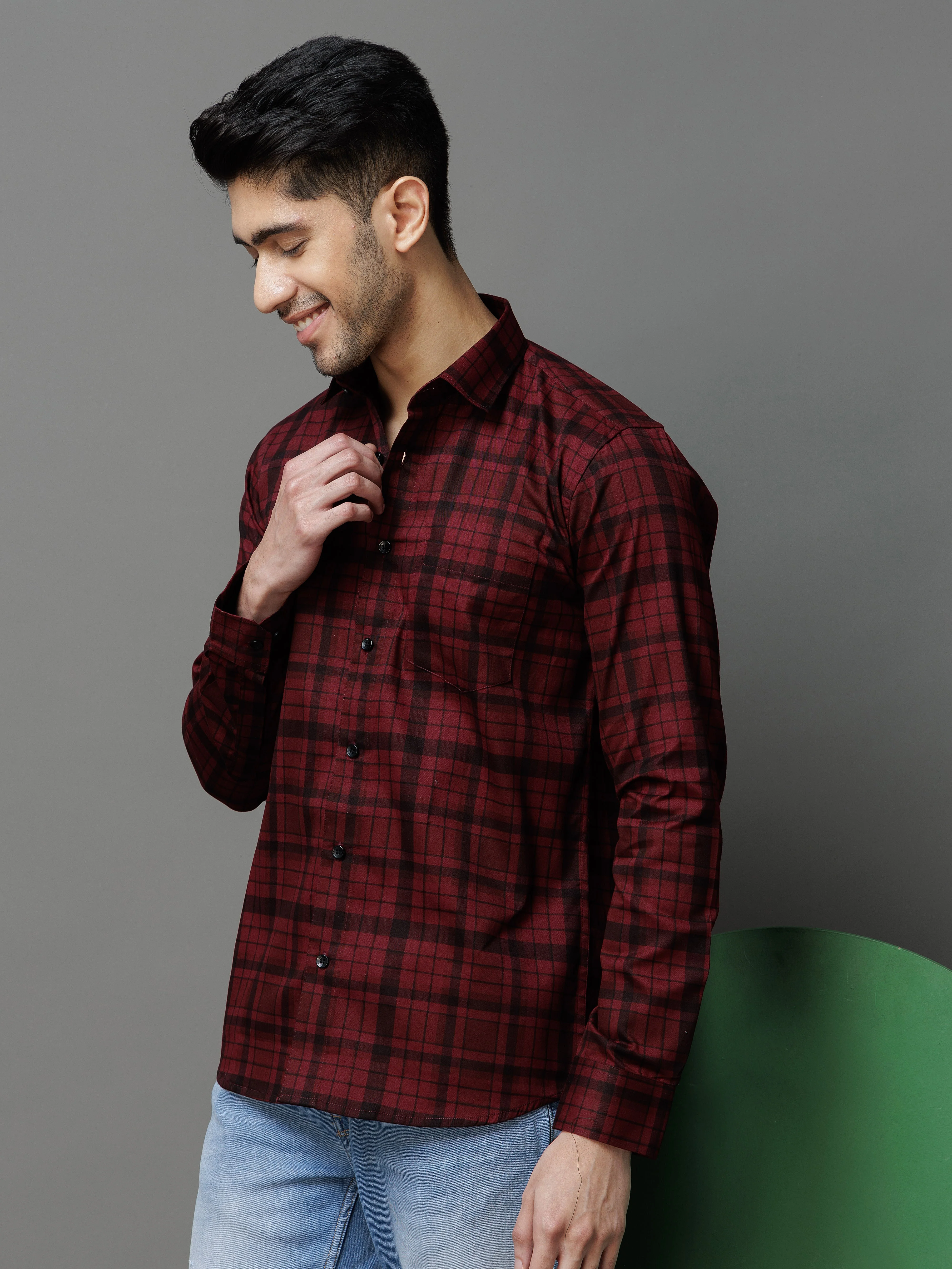 MAROON CHECKS PRINTED COTTON CASUAL SHIRT FOR MEN'S - Image 4